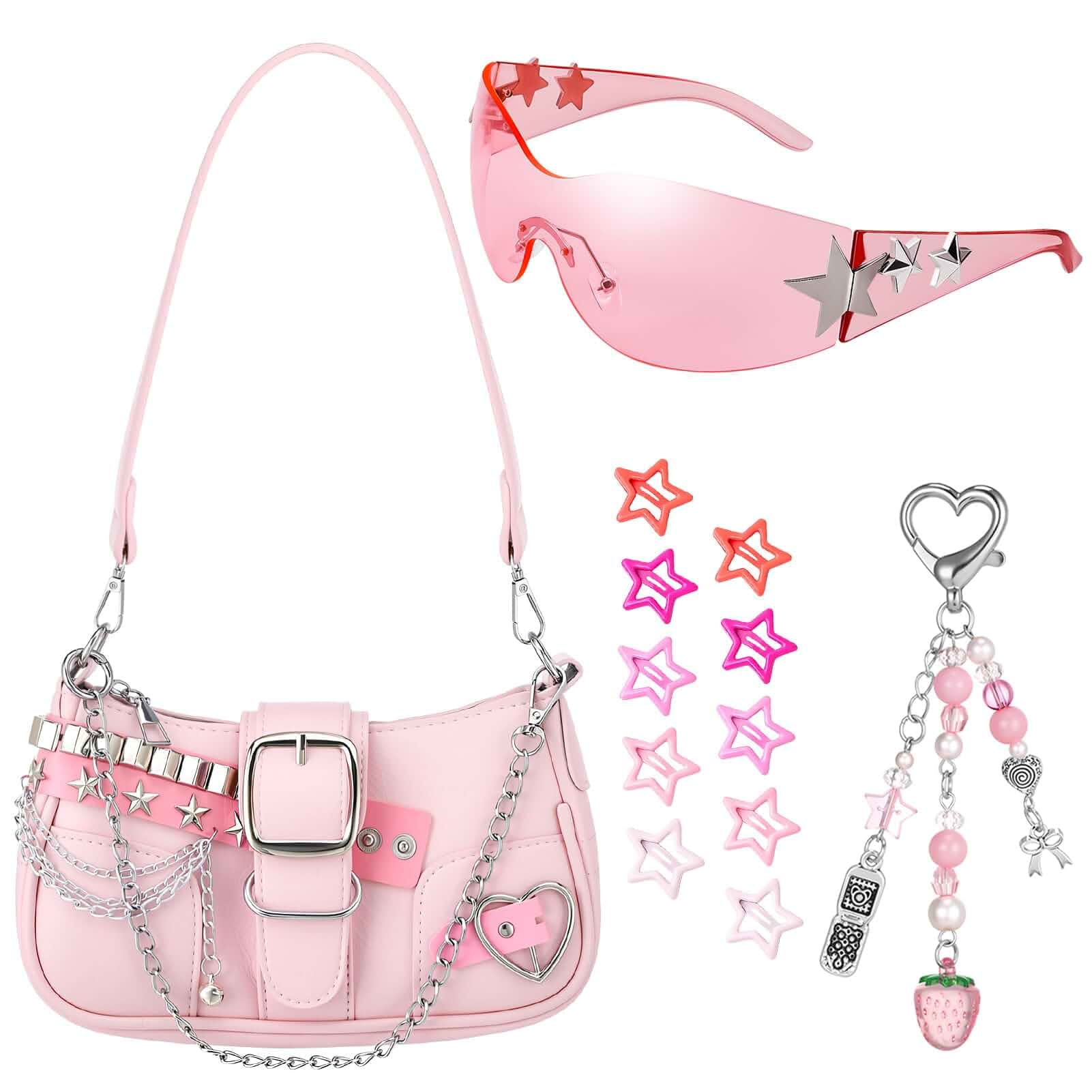 Y2k Cute Shoulder Bag for Women Mini Chain Hobo Handbag Purses Trendy Goth Mini Purse, Glasses, Star Keychain, Hairpin, Y2k Accessories