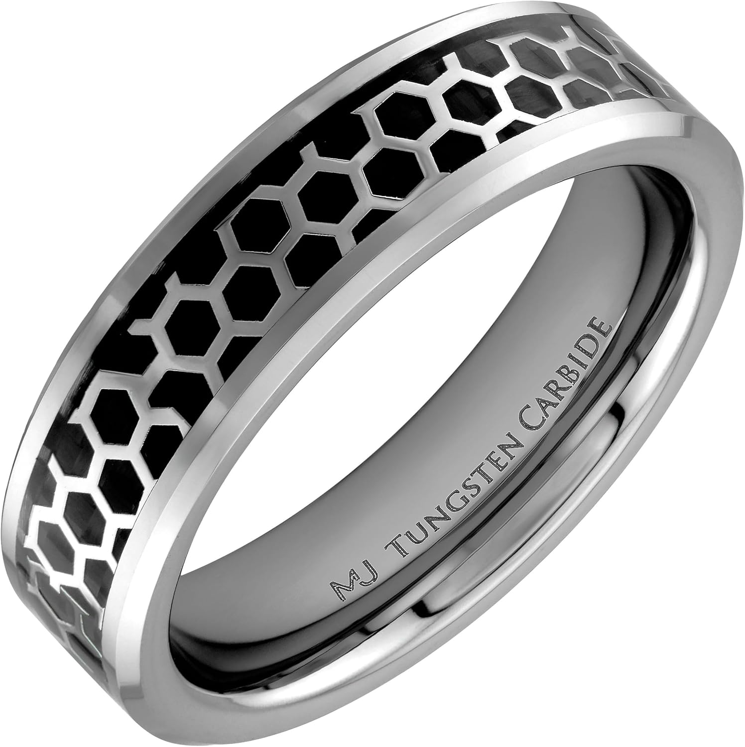 Custom Engraved Tungsten Carbide Black Plated Wedding Band 6mm or 8mm Hexagon Pattern Over Black Carbon Fiber Inlay Comfort Fit Ring