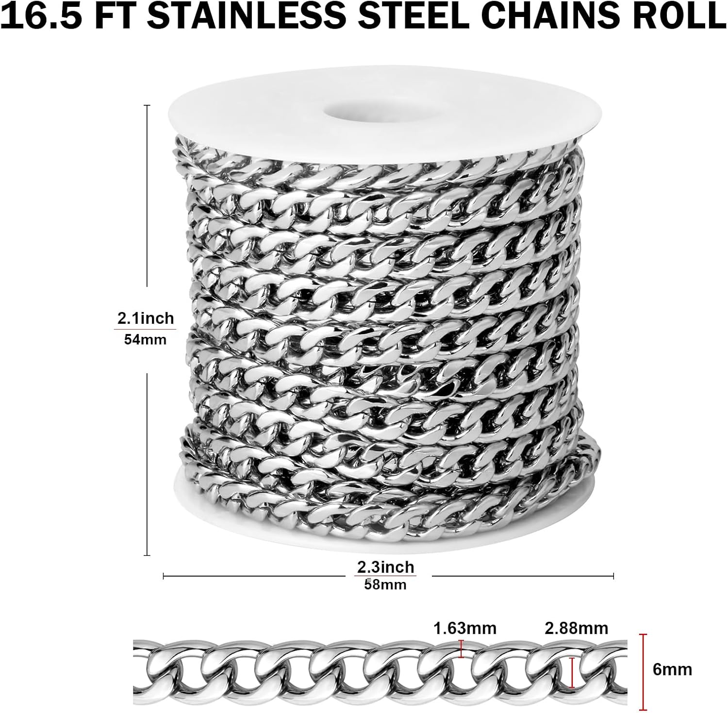[16.5 FT] Silver Curb Chains for Jewelry Making, 6mm Wide 304 Stainless Steel Cuban Link Chain Roll Bulk for DIY Jewelry Making Craft - Image 2