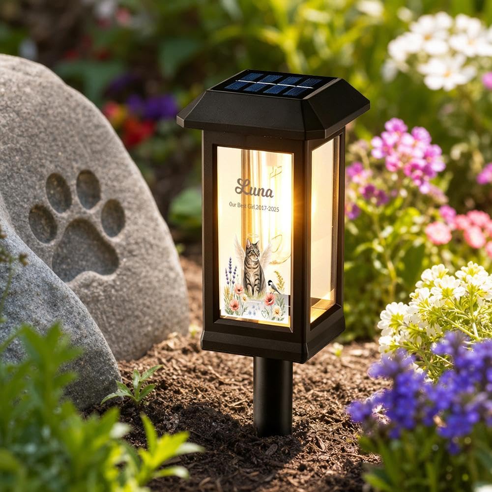 Personalized Pet Memorial Garden Light for Pet Owners, Custom Pets Solar Lights for Cemetery with Photo, Text, Name & Time, Garden Outdoor Grave Light for Loss of Dog Cat Memorial Sympathy Gift