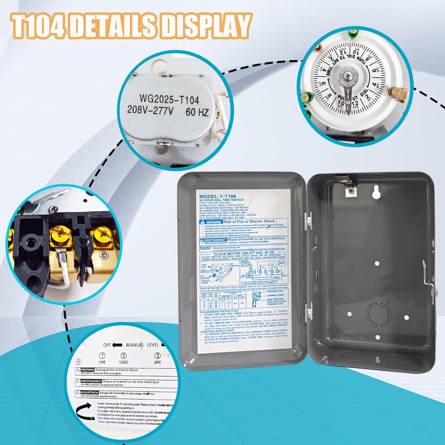 T104 24-Hour Mechanical Time Switch Pool Pump Timer with Metal Enclosure, 208-277V, 40A, 60Hz, DPST, 12 ON/Off Operations, Manual Override Included Trippers, Reliable Control for Various Loads