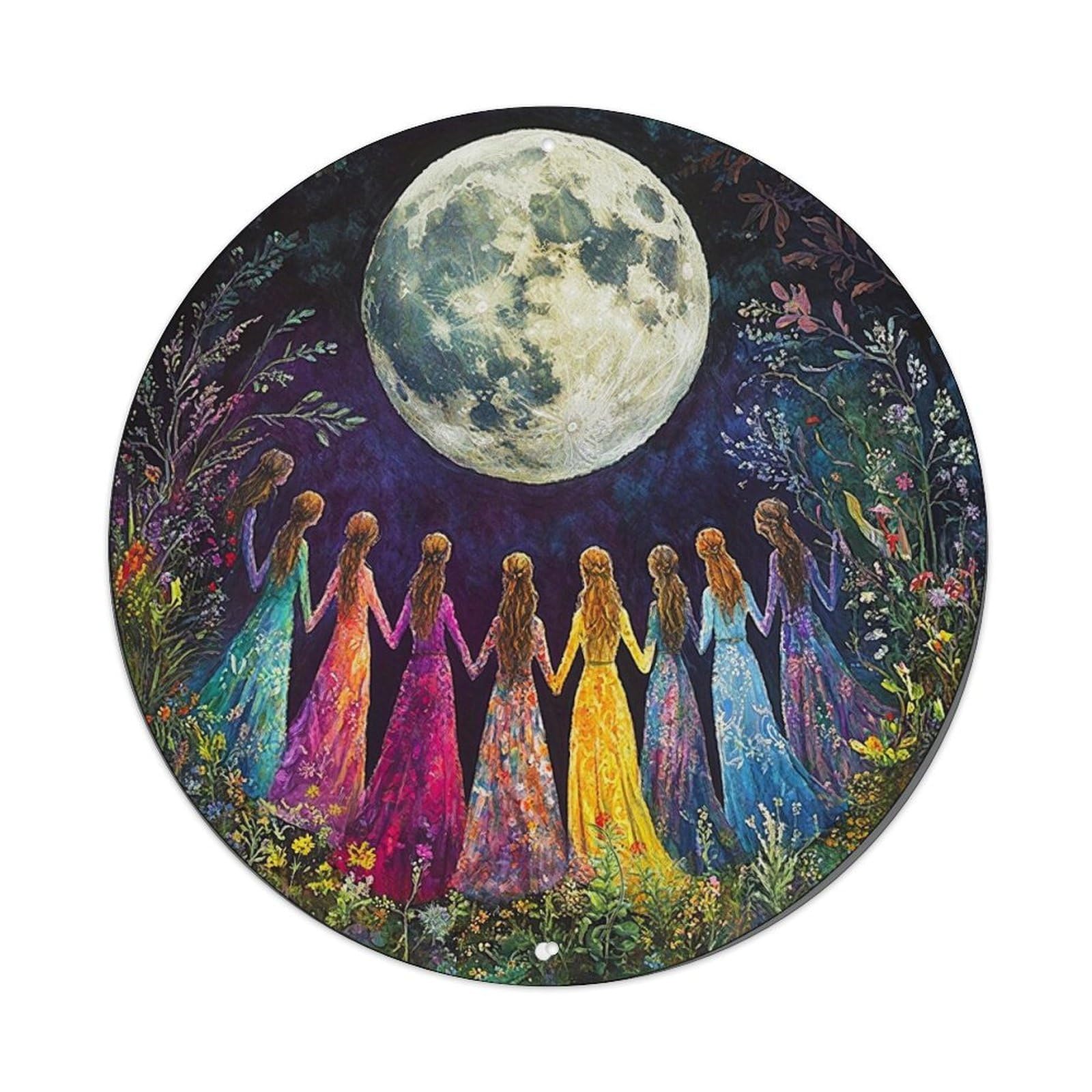 Moonlit Garden Women Circle Round Tin Sign Vintage Metal Sign Home Bar Garden Indoor & Outdoor Wall Decor Retro Metal Poster 8x8 Inch