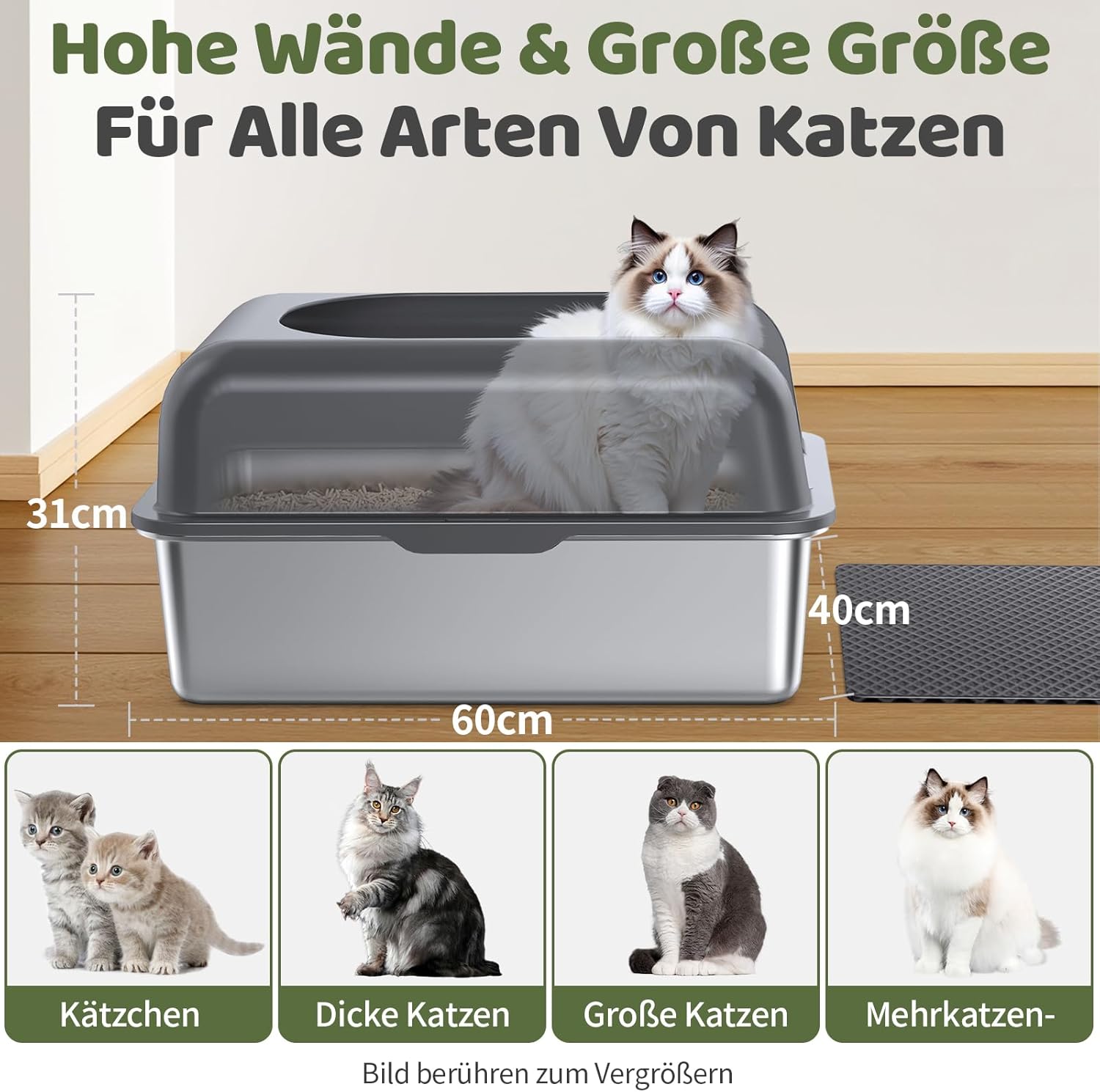 Gimars XL Stainless Steel Cat Litter Box, Large Stainless Steel Cat Litter Tray, 20L Metal Litter Tray with Litter Scoop & Mat, Good for Large Medium Cats 3 71TMvOWdMUL. AC SL1500