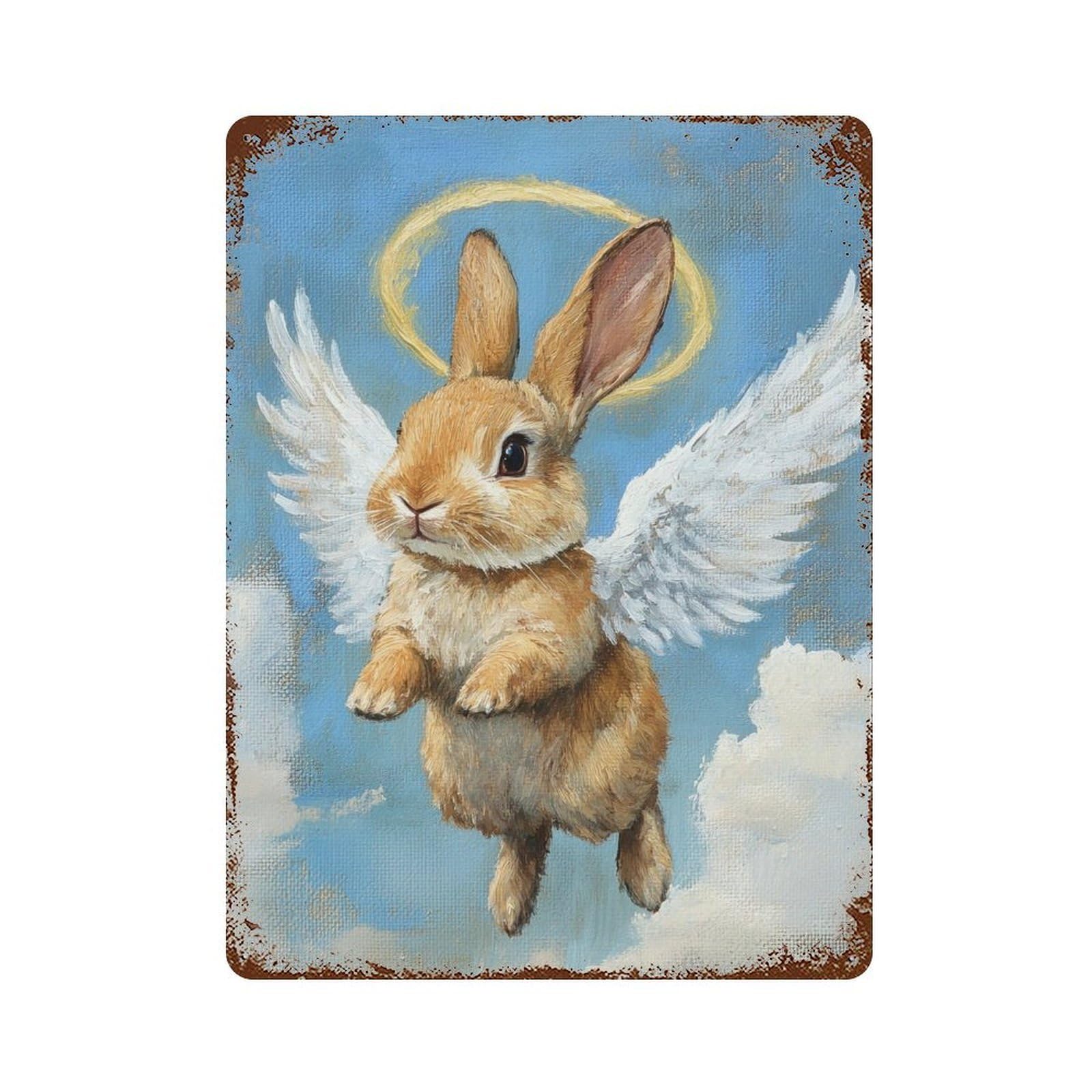 Angel Bunny with Wings Rust Effect Tin Sign 15.7"x11.8", Industrial Home Decor for Basement, Hobby Room And Garage Decor