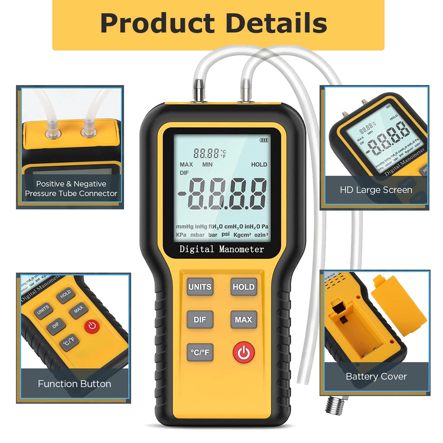AIOMEST Digital Manometer - Handheld Air Gas Pressure Tester Gauge with Dual Port Testing for HVAC Furnace Airflow, High Accuracy +/- 0.3%