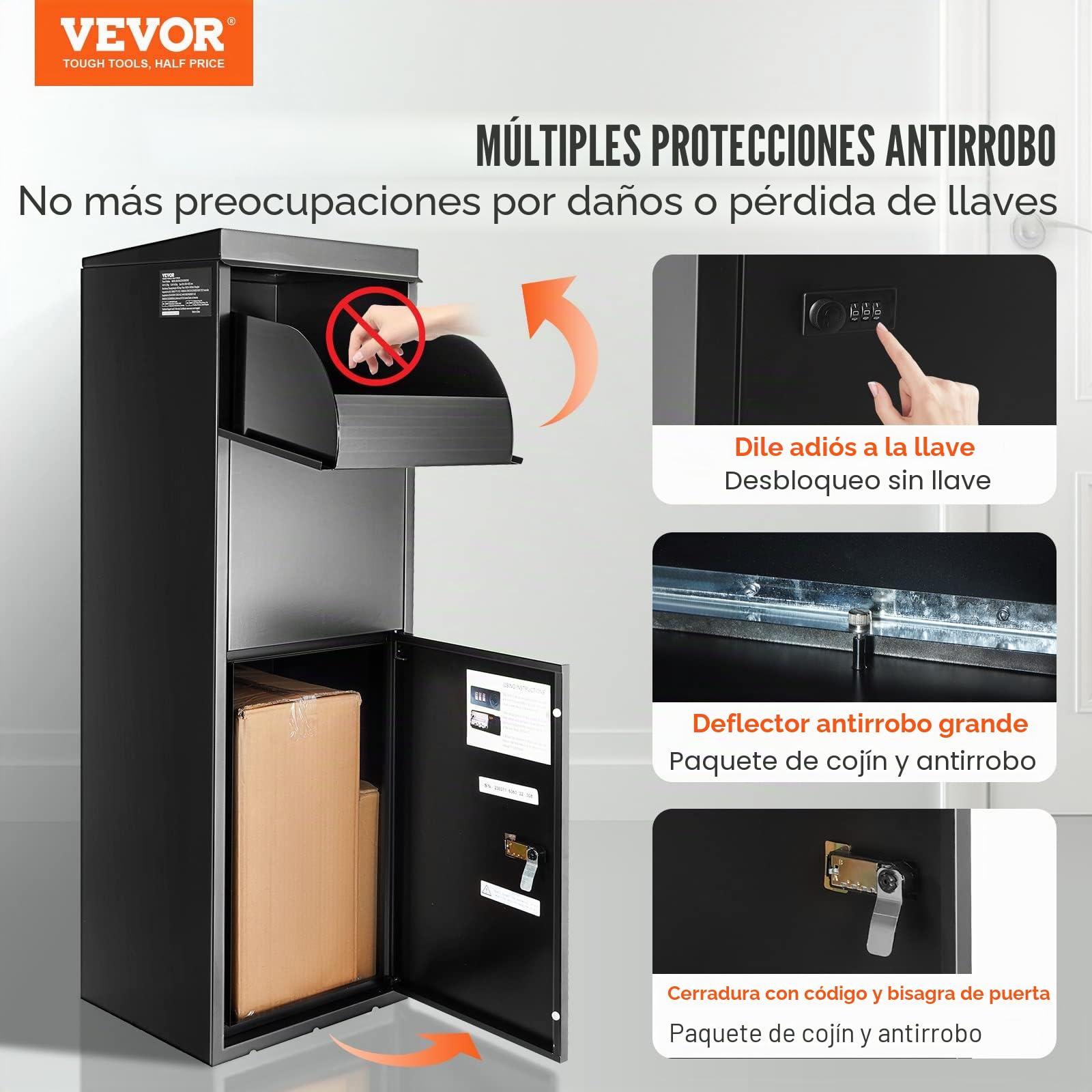 VEVOR Buzón para Paquetes 35,5x29,5x105,5 cm Buzón de Acero Galvanizado Código Bloqueable de Pie Deflector de Montaje en Suelo Antirrobo Extraíble Impermeable IPX3 Depósito de Paquete para Casa Porche