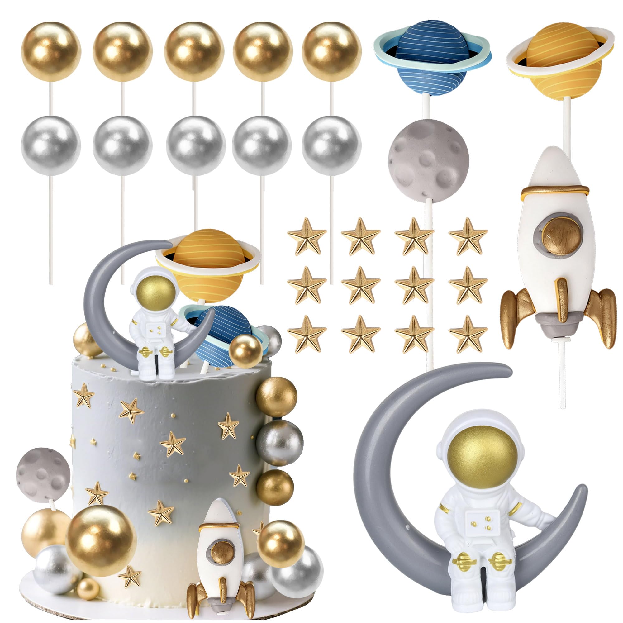Xsstarmi Outer Space Cake Topper Decorations with Star Astronaut Rocket Cake Pick for Trip to the Moon Theme Baby Shower Kids Birthday Party DIY Cake Decorations Supplies