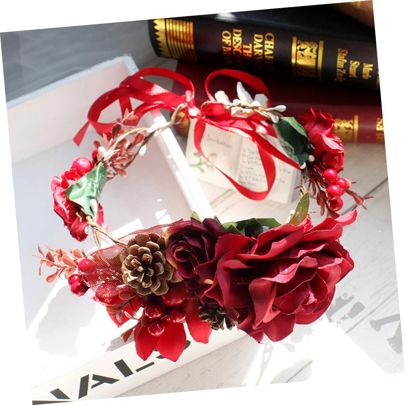 3piezas Diadema Floral De Pino y Para Navidad Accesorio De Cabello Rojo Para Fiestas y Eventos Para Fotografía y Bodas