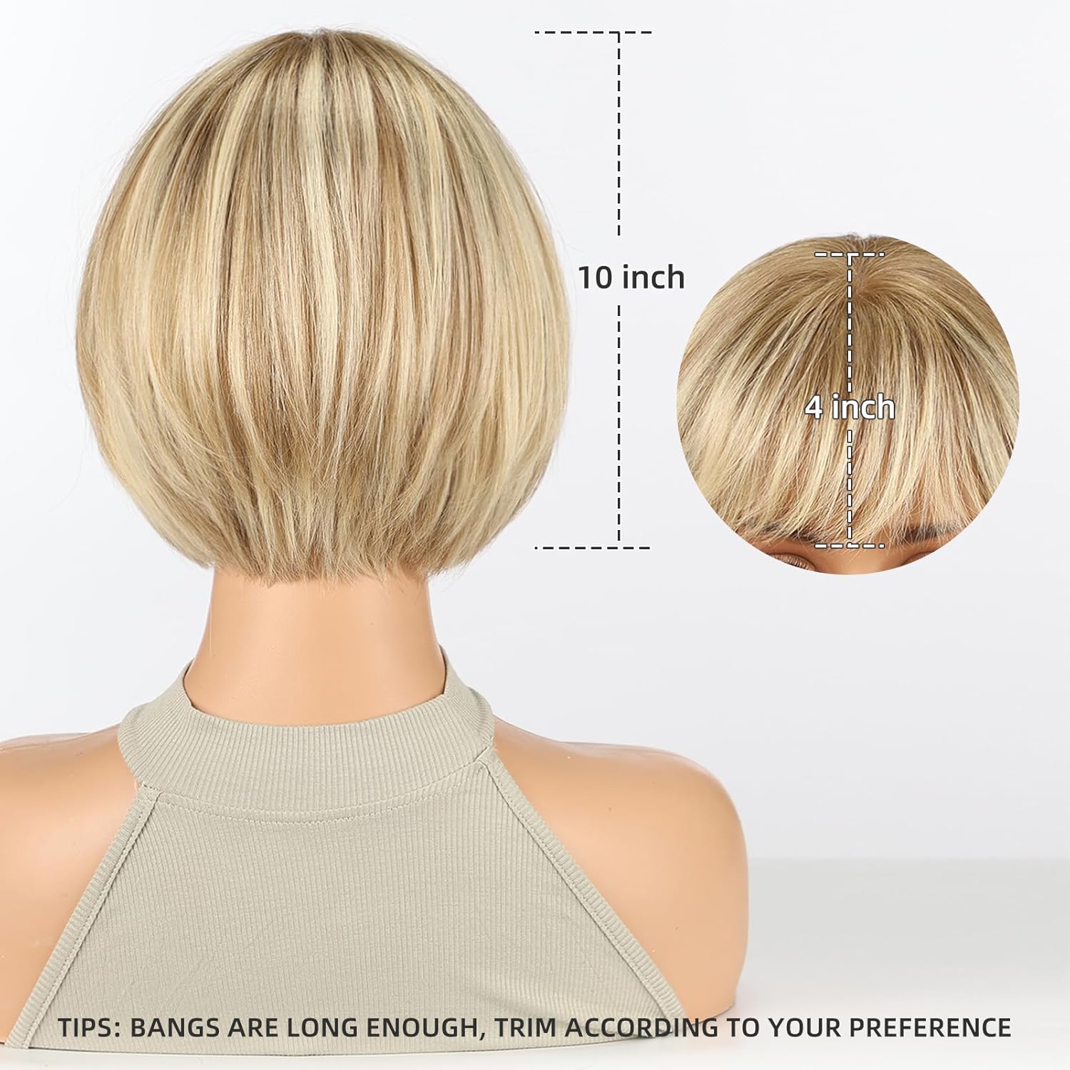 10 Inch Human Hair Wig with Bangs for Women – Short Bob Real Hair Wig, Ombre Blonde Brown, Soft & Natural for Everyday Wear