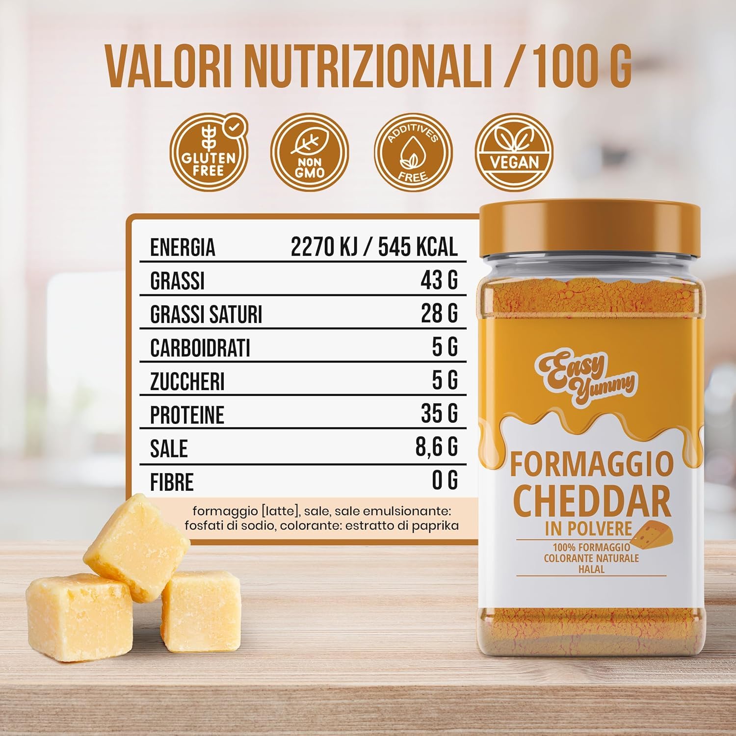 EASY YUMMY - Polvere di Formaggio Cheddar 300 g – Gusto di Formaggio Istantaneo per Piatti & Snack – Sempre Pronto, Senza Frigo – Prodotto in Europa con 100% Formaggio Reale – Colorazione Naturale