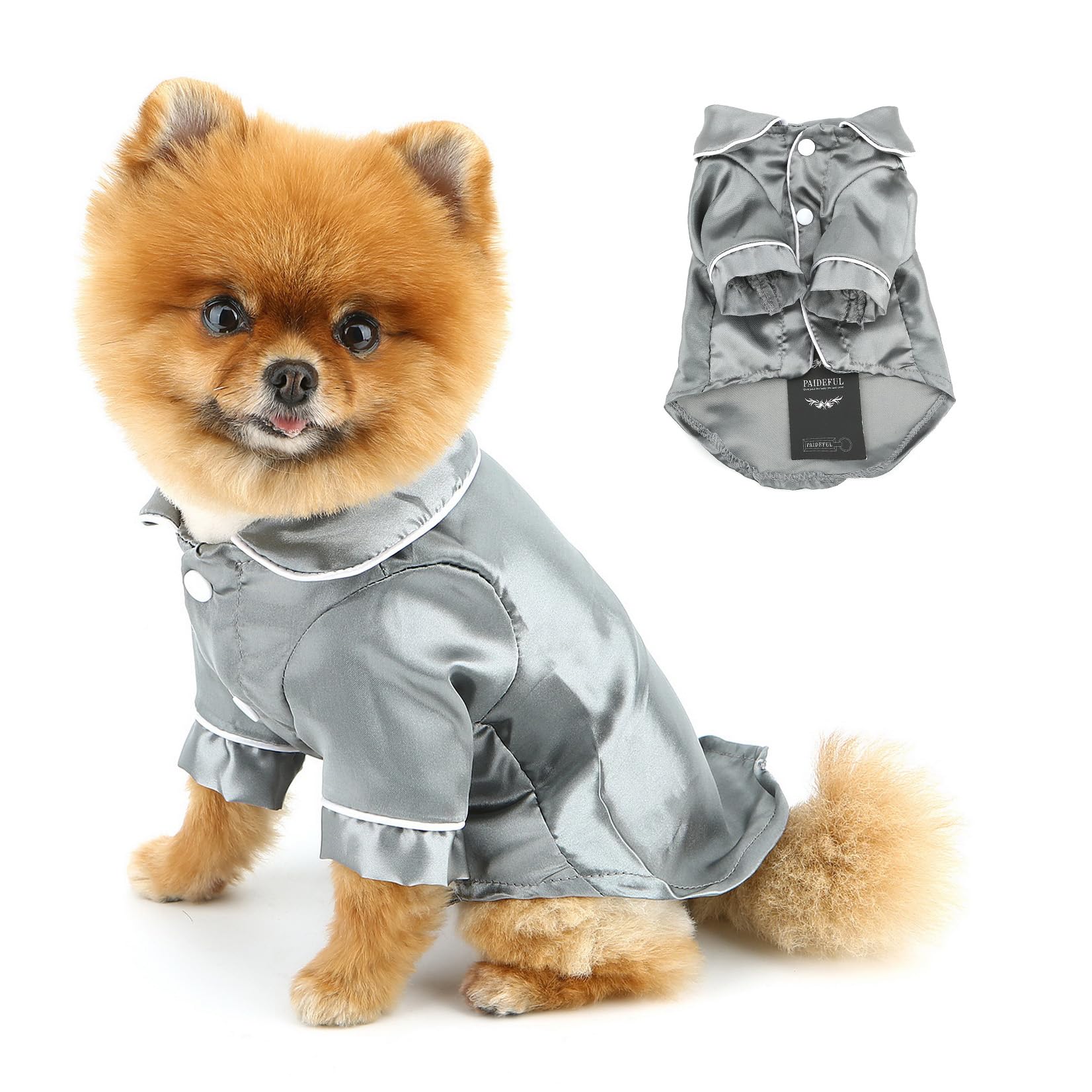 PAIDEFUL Soft Faux Silk Sleepwear for Small Dogs Cats Lapel Doggie Loungewear Lightweight Breathable Puppy Pajamas PJS Two-Legged Pet Shirt Clothes Summer Spring Chihuahua Apparel Button Up,Gray,XXL