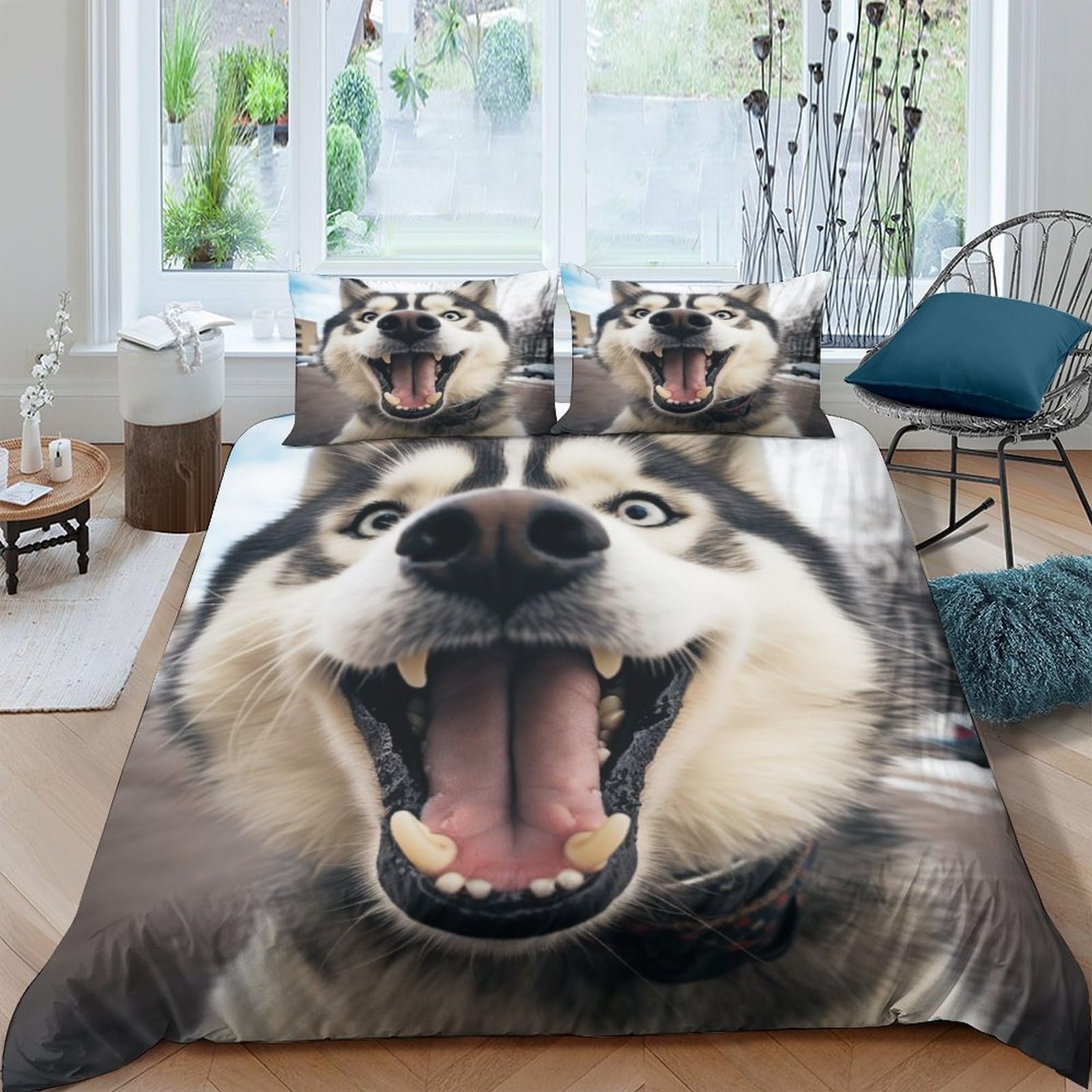 Housse de couette 220x240 zippée Huskies contre les lits défaits