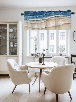 Blue Beach Coastal Valances for Windows, Summer Nautical Kitchen Curtains Window Treatment Decor, Ocean Seaside Beige Rod Pocket Short Window Valances for Living Room/Bedroom, 42