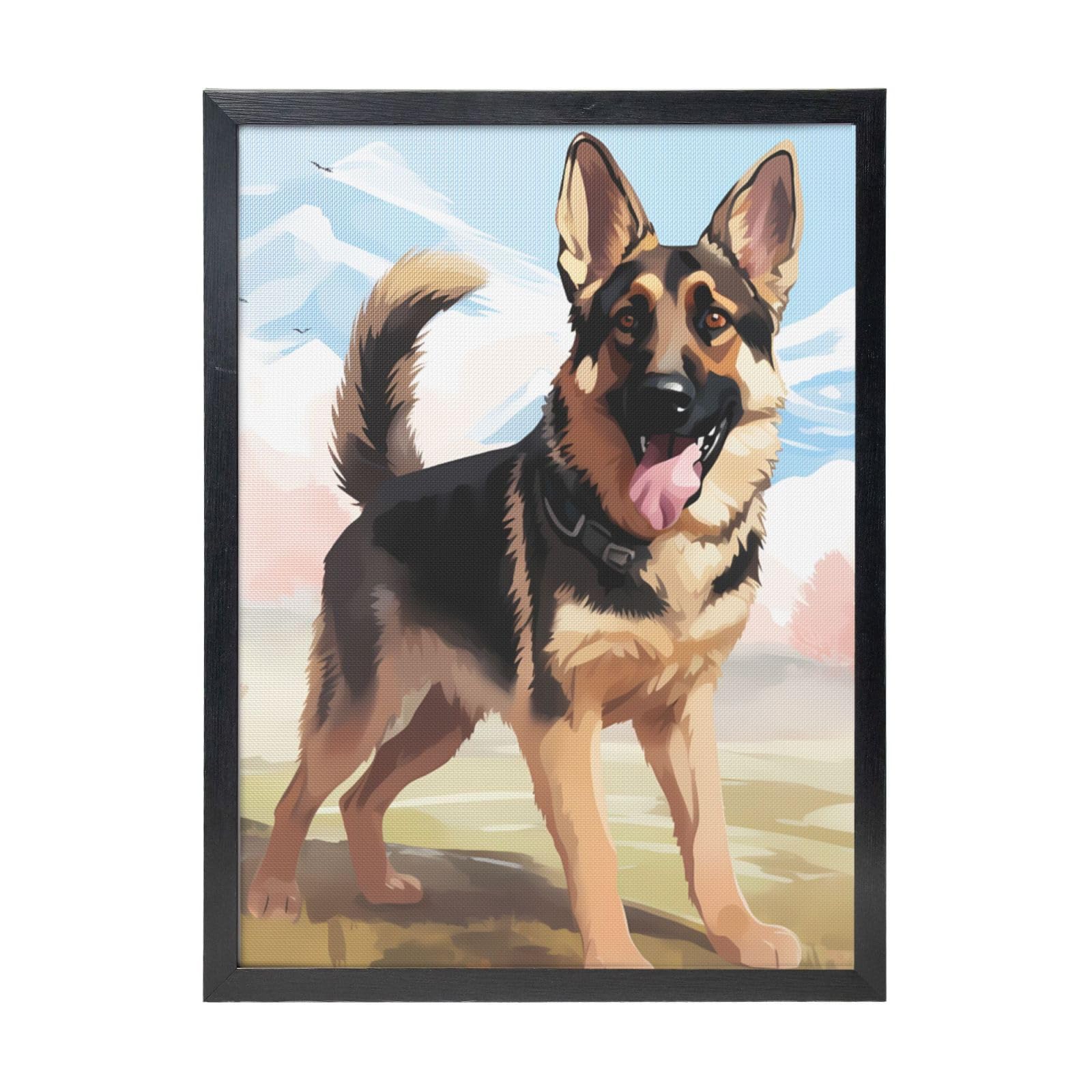 Framed Wall Art - Decorative Canvas Painting German Shepherd Dog Lovers Pictures Poster Aesthetic Modern Prints Artwork for Bedroom Office Wall Decor Ready To Hang 12x16 in
