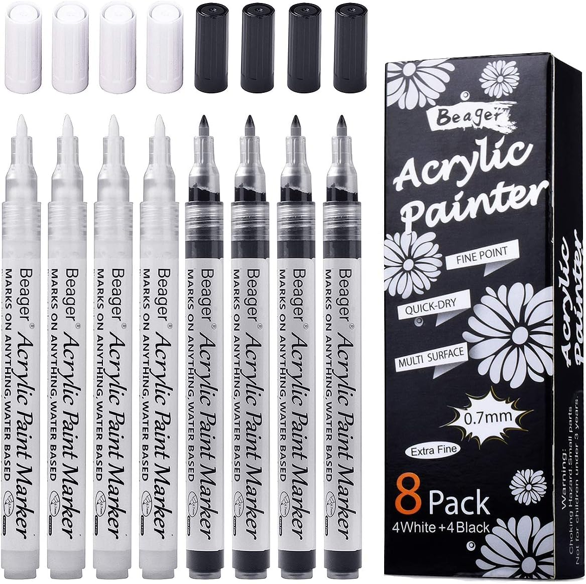 Beager - Bolígrafos de pintura acrílica (8 unidades, 0,7 mm), color blanco negro
