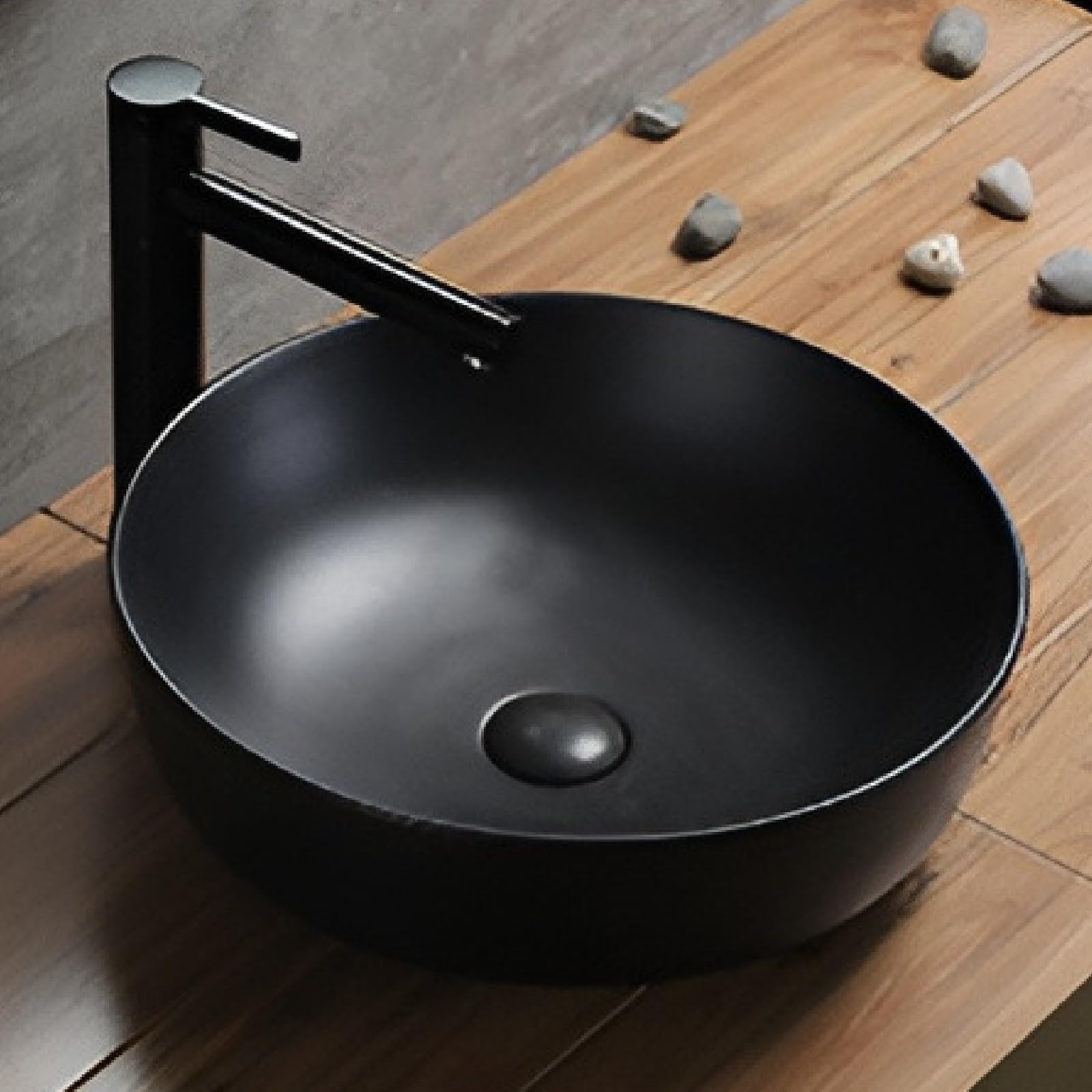 Lavandino moderno in ceramica nera con rubinetto, lavabo rotondo da bagno per lavaggio a mano, ideale per hotel e balconi, design elegante guardaroba