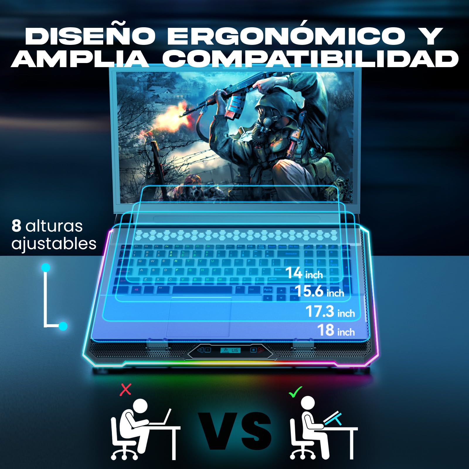 KLIM V15 Base Refrigeradora para Portátil Gaming con 15 Ventiladores + Soporte RGB Estable para Portátil con Ventilador + Compatible hasta 17" + 2 Puertos USB + Soporte para Teléfono