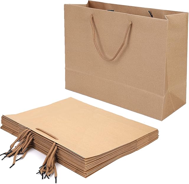 10Pack Large Brown Paper Gift Bag with Handle Paper Carrier Bags Recycled Shopping Bag Grocery Bag Merchandise Boutique Retail Bag Paper Party Treat Bags for Birthday Wedding Christmas35x13x26cm