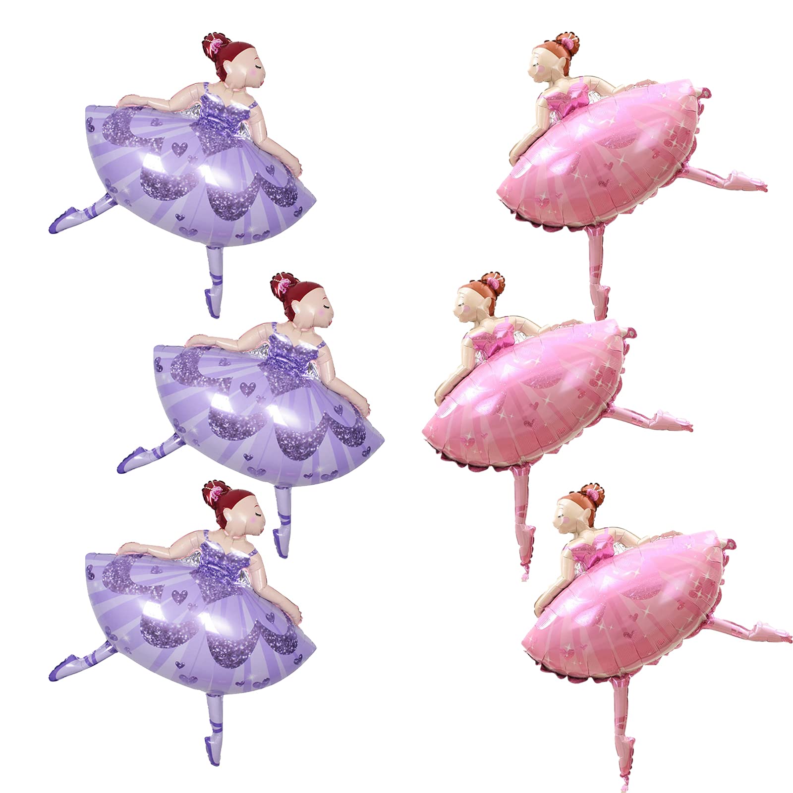 Chris.W 6Pcs Ballet Dancing Girl Foil Mylar Balloons, Large Ballet Dancer Girl Balloons for Birthday Party Decoration Wedding Baby Shower Ballet Dancing Themed Party, Pink & Purple