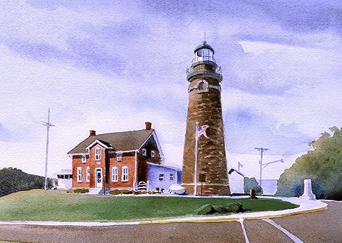 Fairport Harbor Lighthouse Lake Erie Grand River Ohio - Impresiones de acuarela mate (5 x 7)
