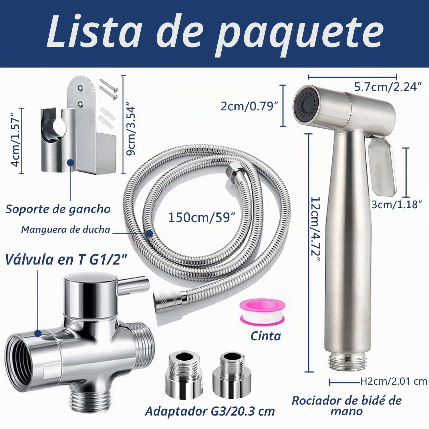 Vaporizador de baño ducha de mano bidé de acero inoxidable con válvula de 3 vías (1/2"-3/8") perfecta para higiene personal, cuidado de limpieza