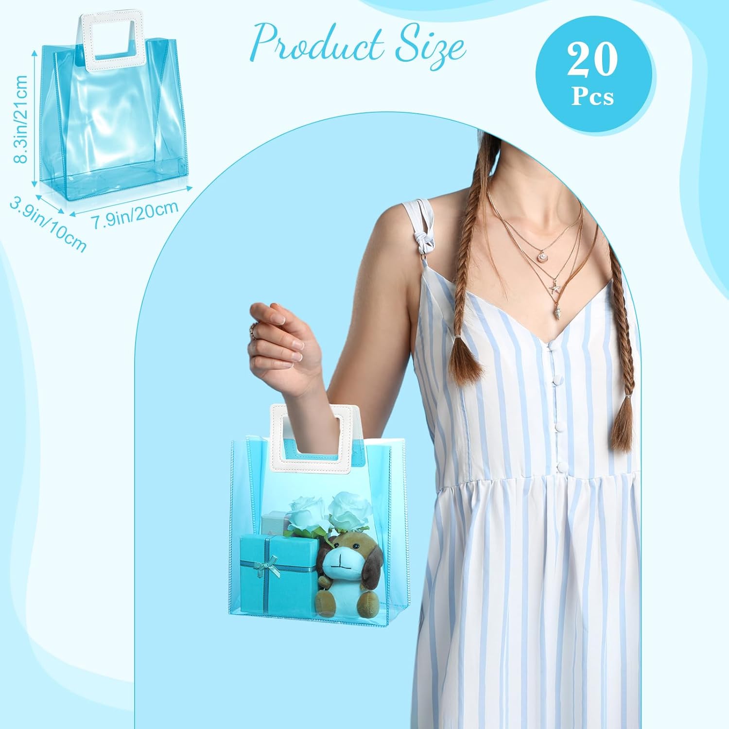 Paterr 20 Pcs Clear Reusable Gift Bags Wedding Wrap Tote Bag with Handles 7.9 x 8.3 x 3.9 Inch PVC Holographic Gift Favor Bags for Wedding Valentine's Day Bridal Party Birthday Mother's Day(Sky Blue) - Image 2