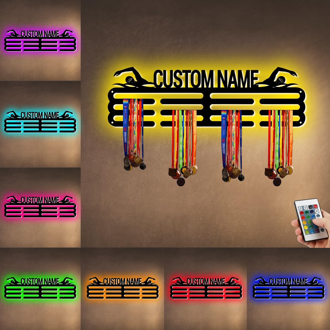 Personalized Metal Swim Medal Hanger Holder Display Rack for Awards Ribbons With LED Light- Custom Sports Swimming Medal Holder for Wall,Swimming Medal Hanger Display Rack With Boy Girl Kid's Name