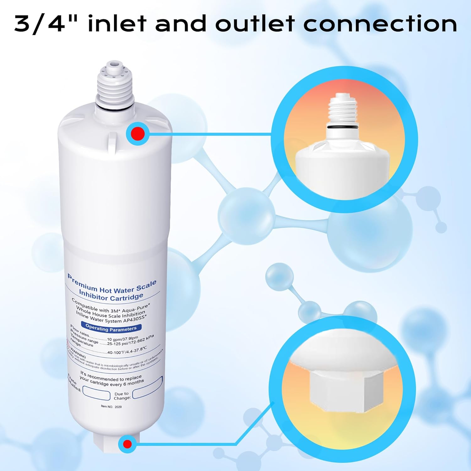 AP431 Cartridge Replacement for Aqua-Pure AP430SS, Water Filter Whole House Scale Inhibition Inline Water System Helps Prevent Scale, 3 Pack