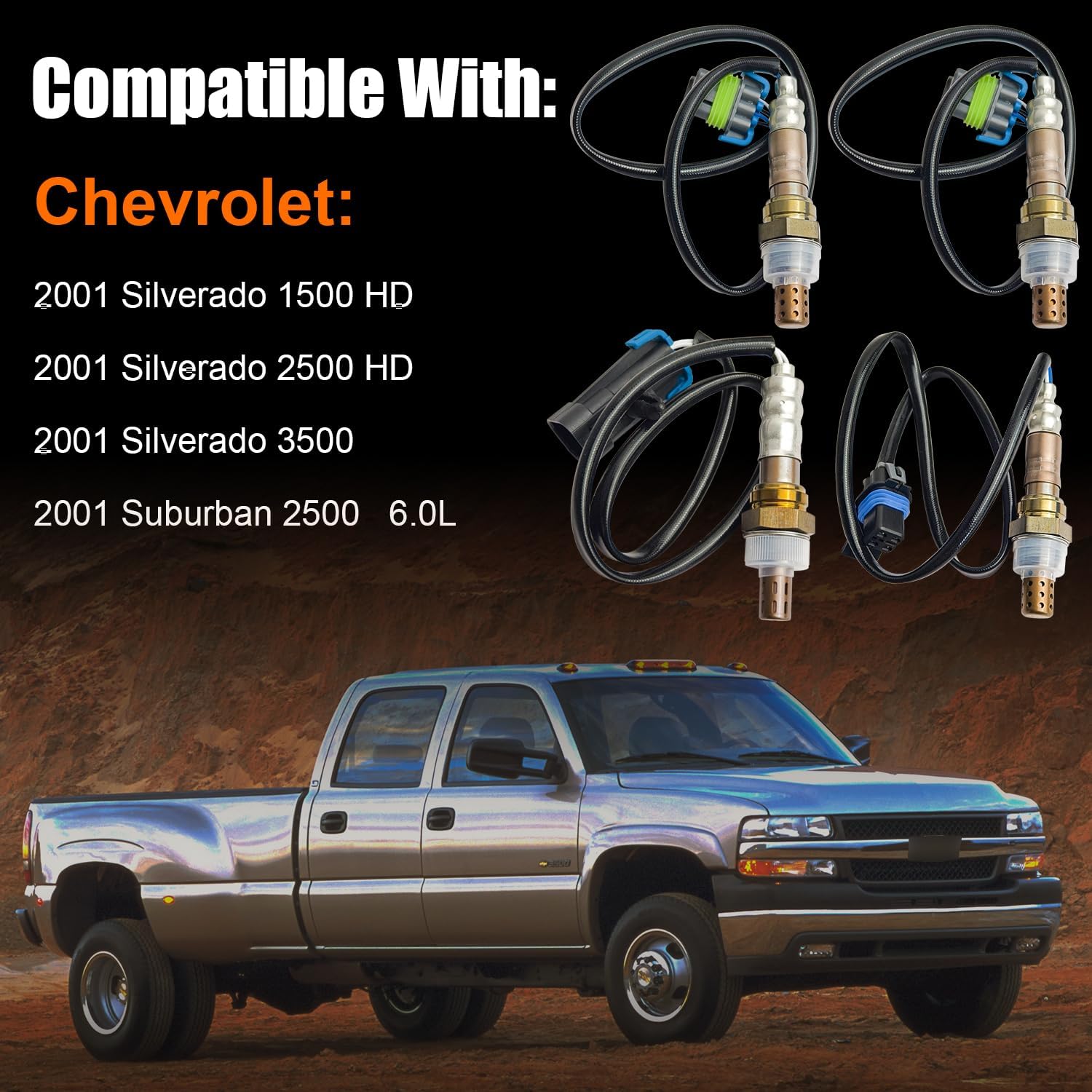 4Pcs 250-24202 234-4000 234-4024 350-34455 Upstream & Downstream O2 Oxygen Sensor Fit for 2001 Chevy Silverado 1500 HD 2500 HD 3500 Suburban 2500 6.0L, Oxygen O2 Sensor Replaces OE# 21510 ES20075