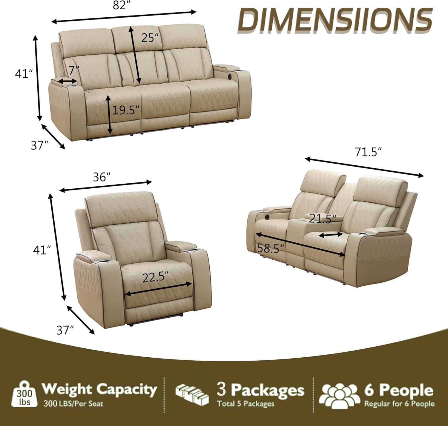 Power Recliner Sofa Set, 3 Piece Breathing Leather Sofa Set, Reclining Couch Loveseat and Chair Furniture with LED/USB Port/Cup Holders for Living Room Home Theater (Khaki)