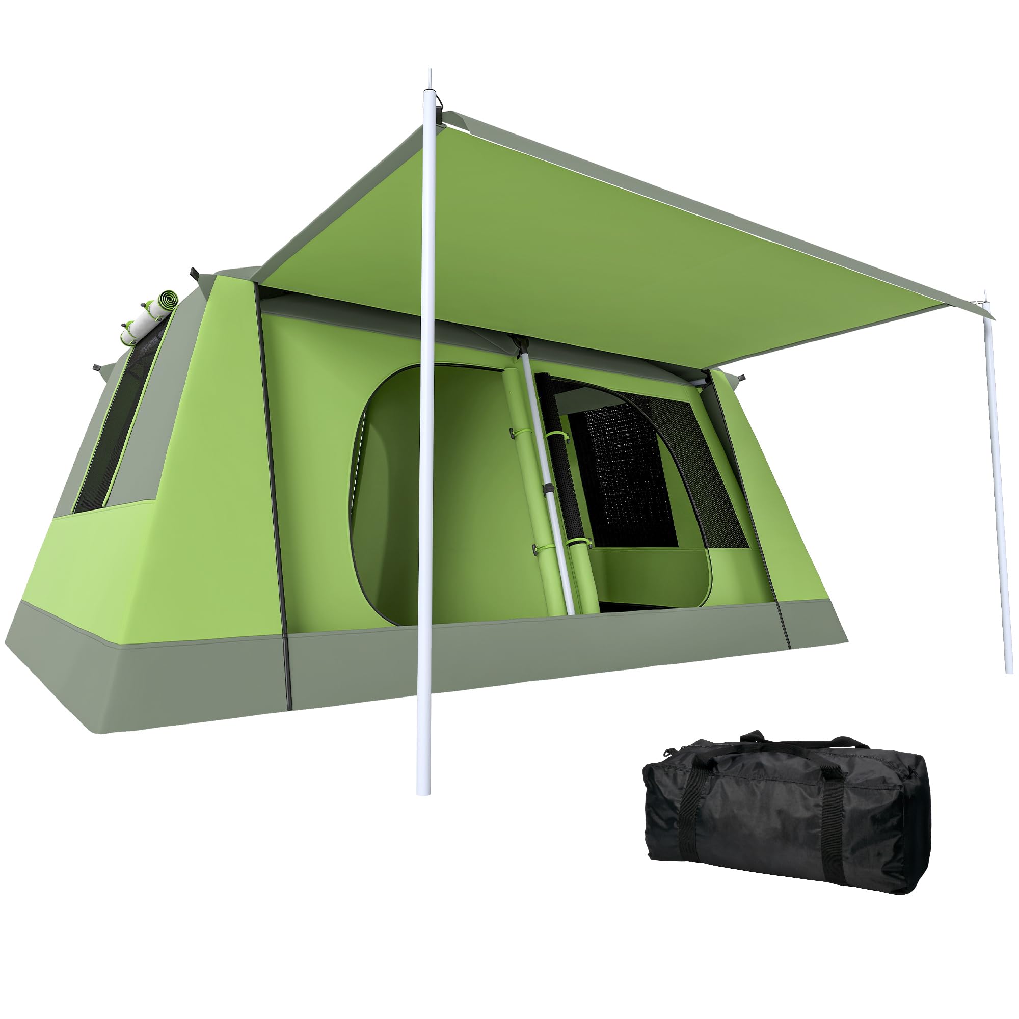 Outsunny Two Room Camping Tent w/Porch for 4-8 Man, Camping Backpacking Shelter w/Mesh Windows, Zipped Doors, Lamp Hook & Portable Carry Bag