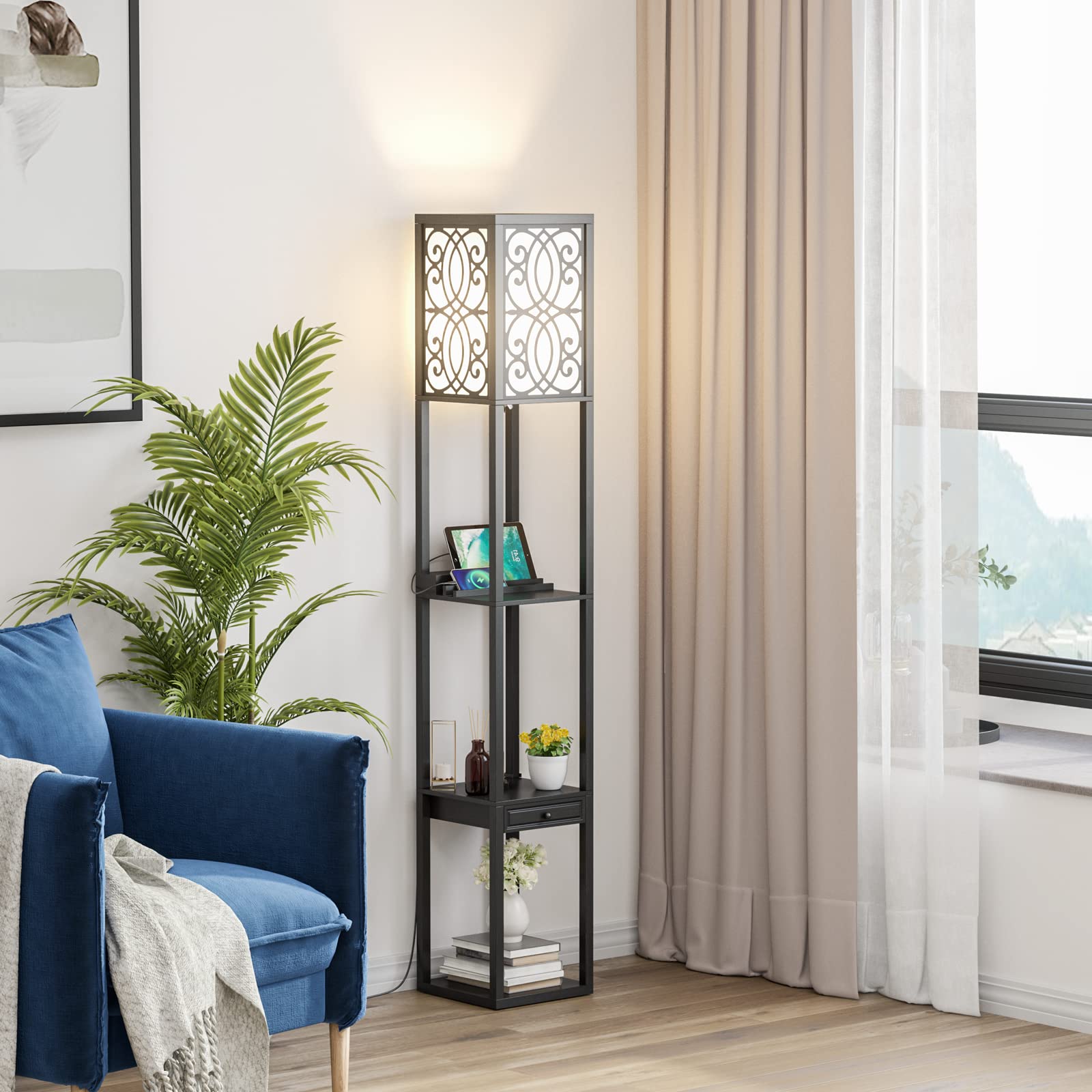 GOPLUS Lámpara de Pie con 3 Estantes Abiertos y Cajón, 2 Puertos USB, E27, Moderna para Salón, Dormitorio, Oficina, Negro, 26x26x160,5cm