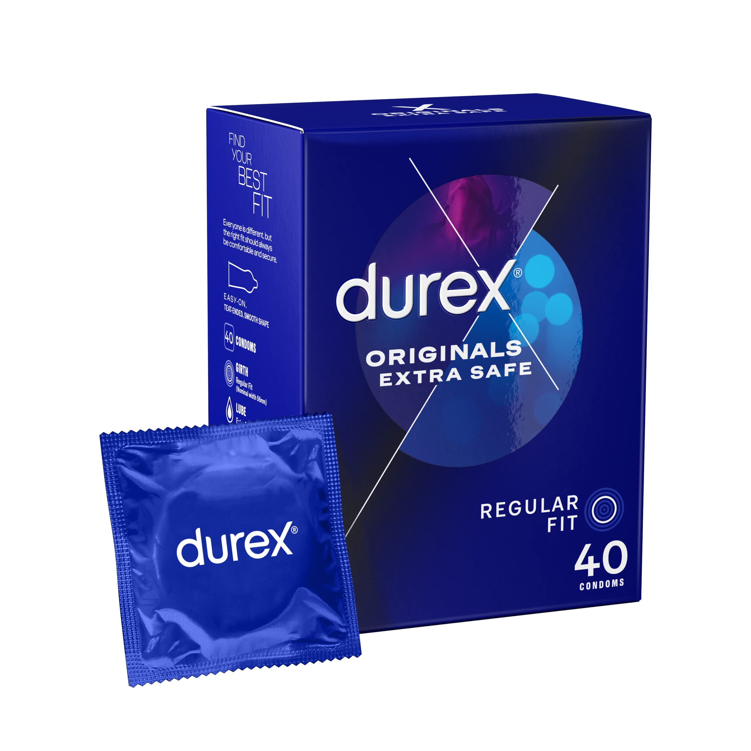 Durex Originals Extra Safe Condoms, Regular Fit, 40 Pack, Easy On Shape, Enhanced with Silicone Lubricant for Comfort and Protection