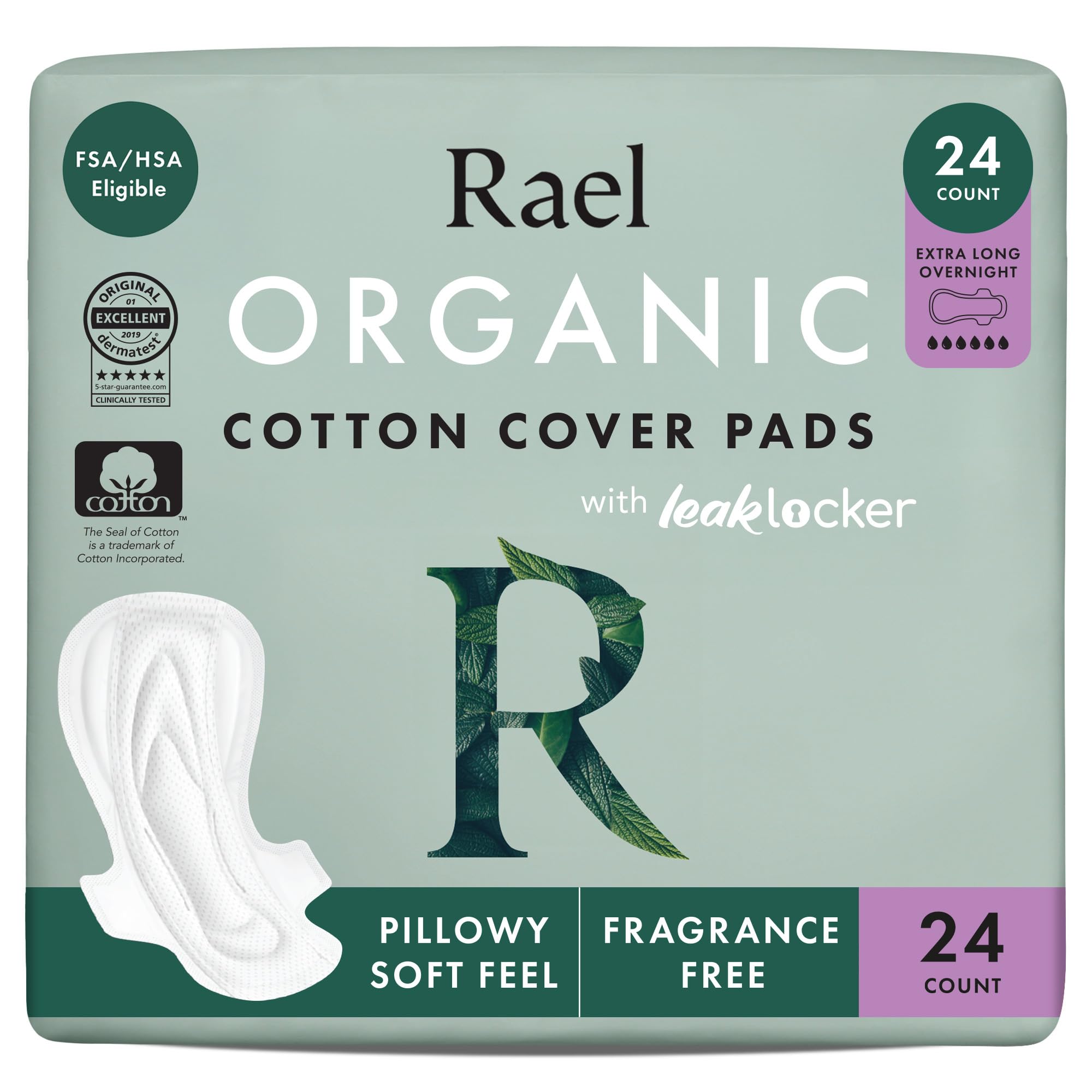 Rael Podpaski dla Kobiet z Organiczną Bawełną - Maksymalna Chłonność, Ultra Cienkie, Ze Skrzydełkami, Bezzapachowe (Extra Długie na Noc, 24 szt.)