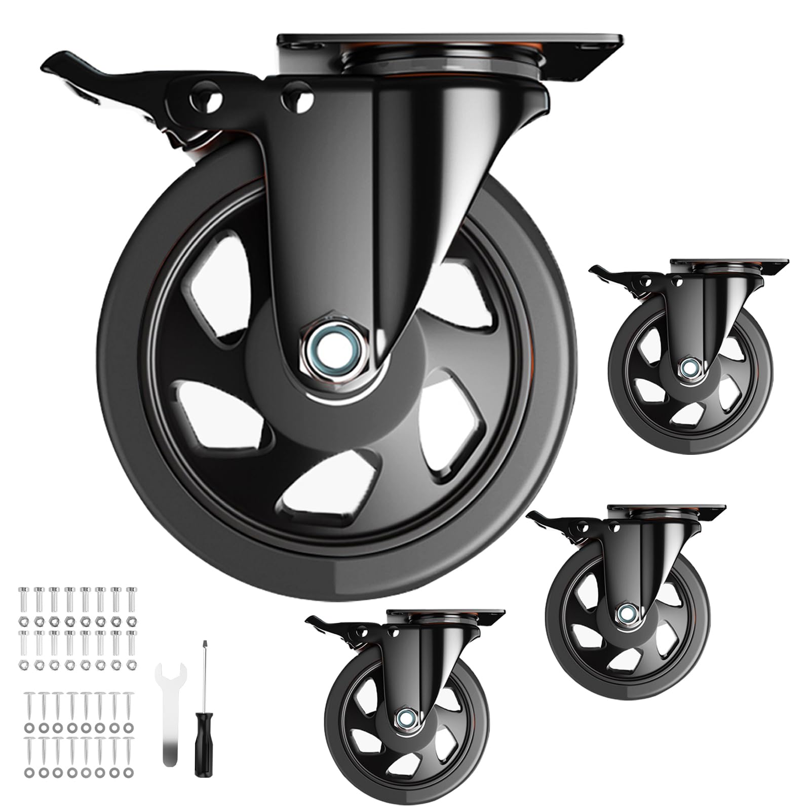 5 Inch Swivel Caster Wheels, Set of 4 Heavy Duty, Locking Industrial Casters with Brake, Black, Stainless Steel, Polyurethane, Double Safety Brakes and 360 Swivel for Maximum Flexibility