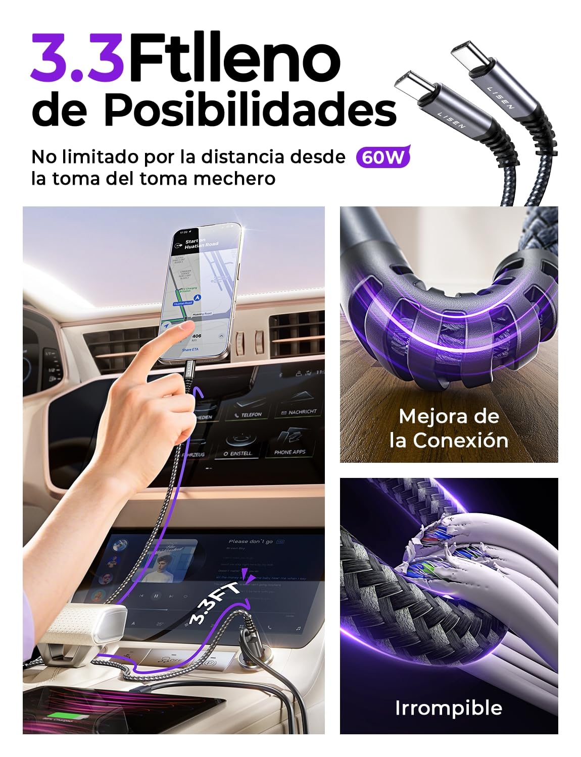 LISEN Cargador Coche Carga Rápida Mechero USB C 69W+60W Cable, Accesorios Coche Camper Electrónicos Flash del Dia, Carregador Isqueiro Carro 12/24V Gadgets para iPhone 17 e 16 Samsung S26 Kindle iPad - 5