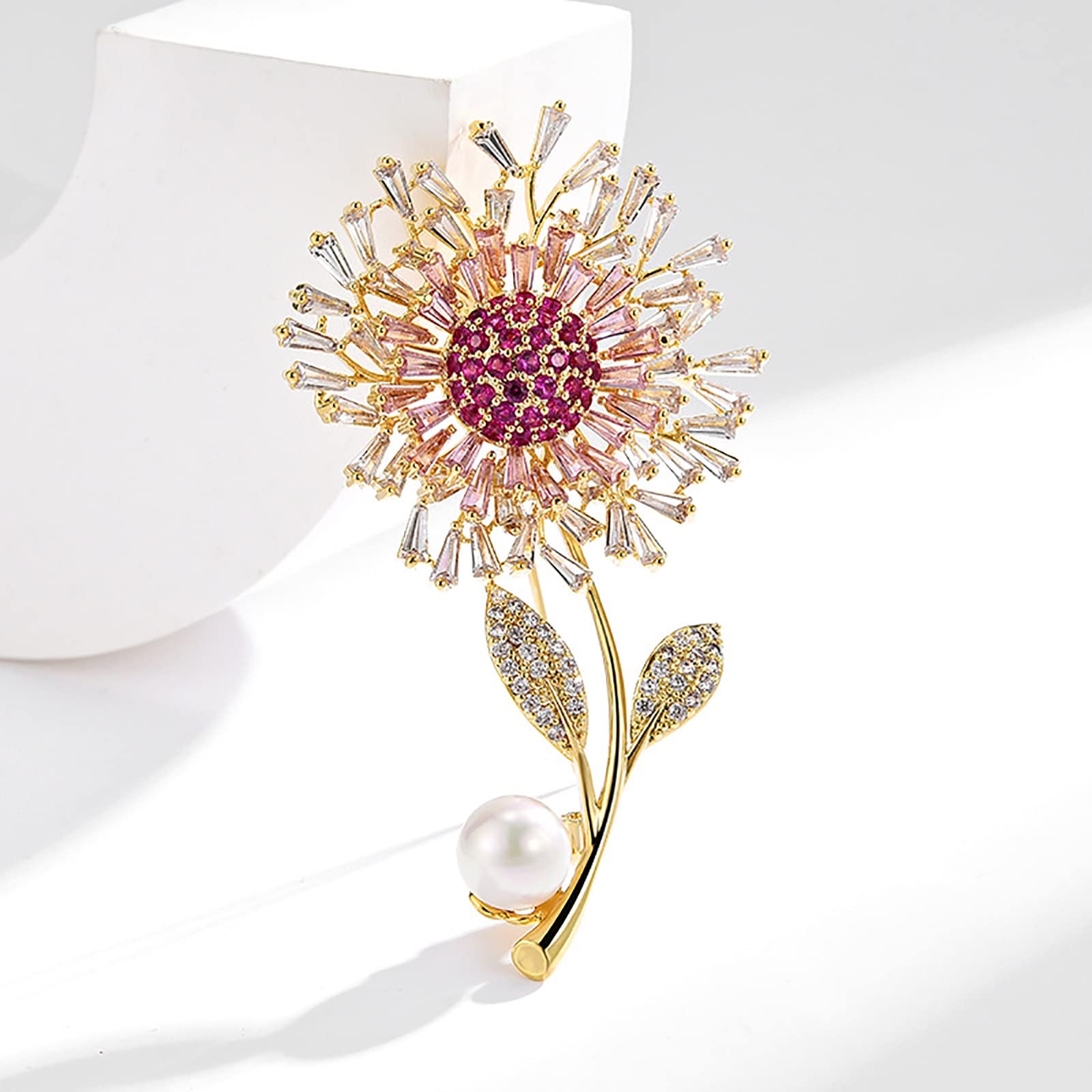 Zirkonia Sonnenblumen-Anstecker, personalisierte, stimmungsvolle, kupfer- und vergoldete botanische Brosche