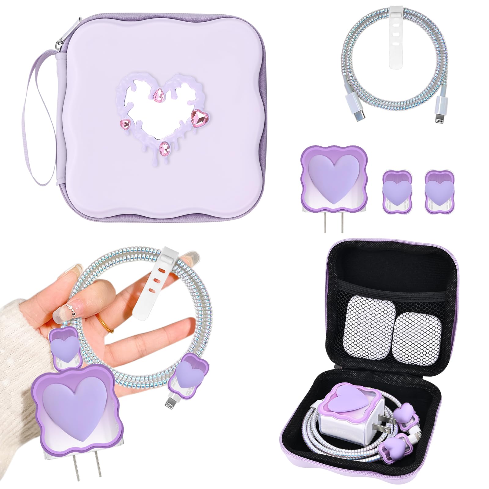 CameCosy Phone Charger Case Storage Set with Cable Protector for iPhone Charger, Heart-Shaped Mirror Design, Wave Travel Storage Bag, Earphone Wire Saver Cable Organizer Soft Cable Protector (Purple)