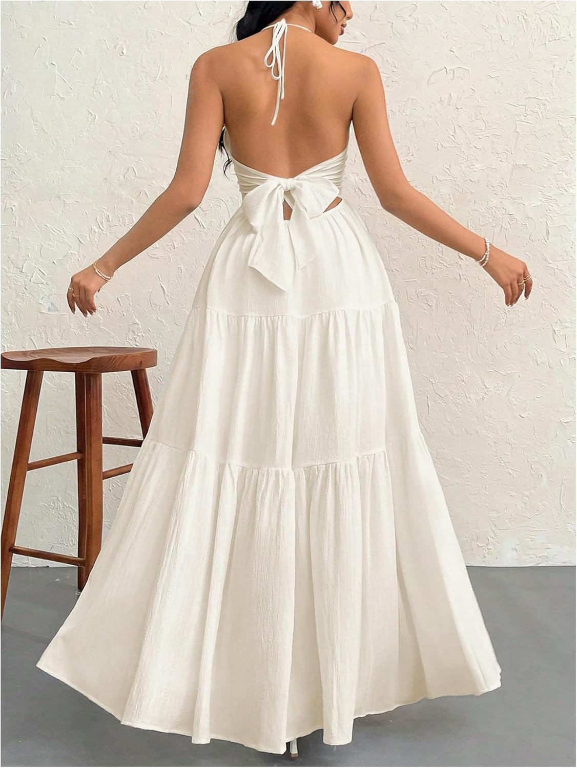 SHENHE Women's Deep V Neck Tie Knot Backless Halter Dress A Line Flowy Ruffle Maxi Dress - Image 2