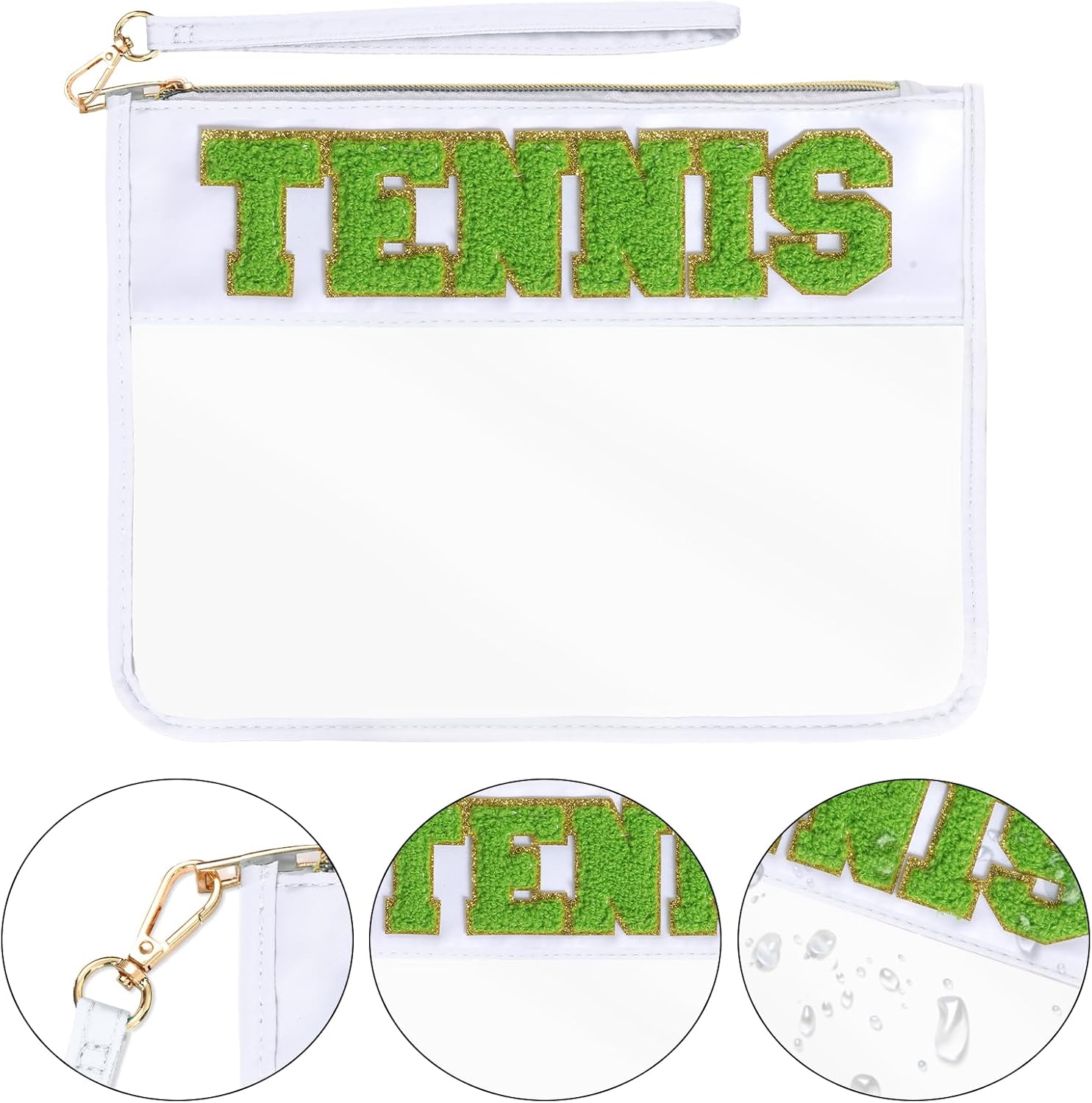Chenille Letter Bag, Clear Nylon Cosmetic Makeup Bag with Zipper, Varsity Preppy Patch Flat Travel Pouch for Women Girls Gift (White-TENNIS) - Image 3