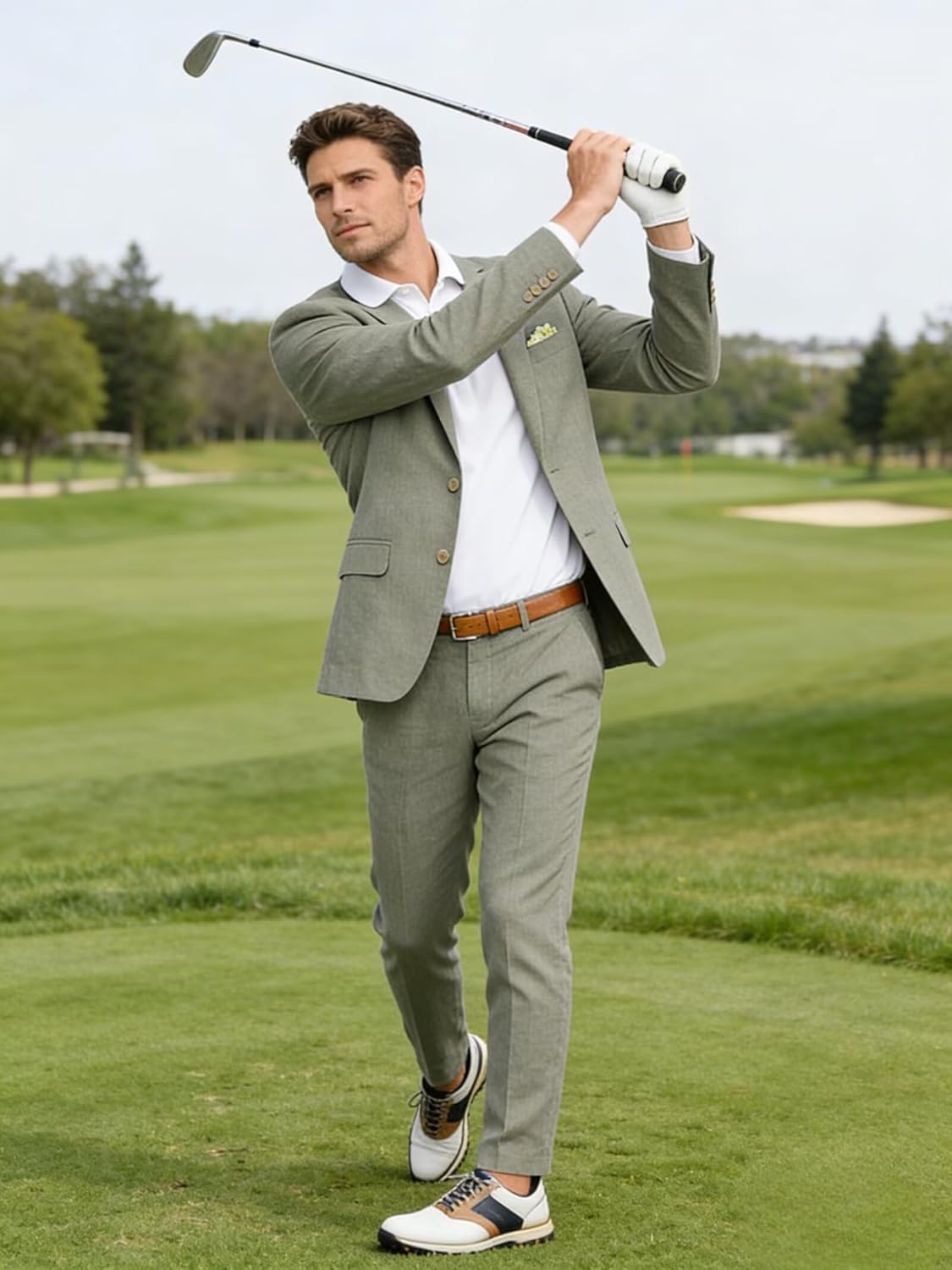 Mens Linen Suit Summer Beach Wedding Suits for Men 2 Piece Casual Business Outfit Dress Blazer Pants Set