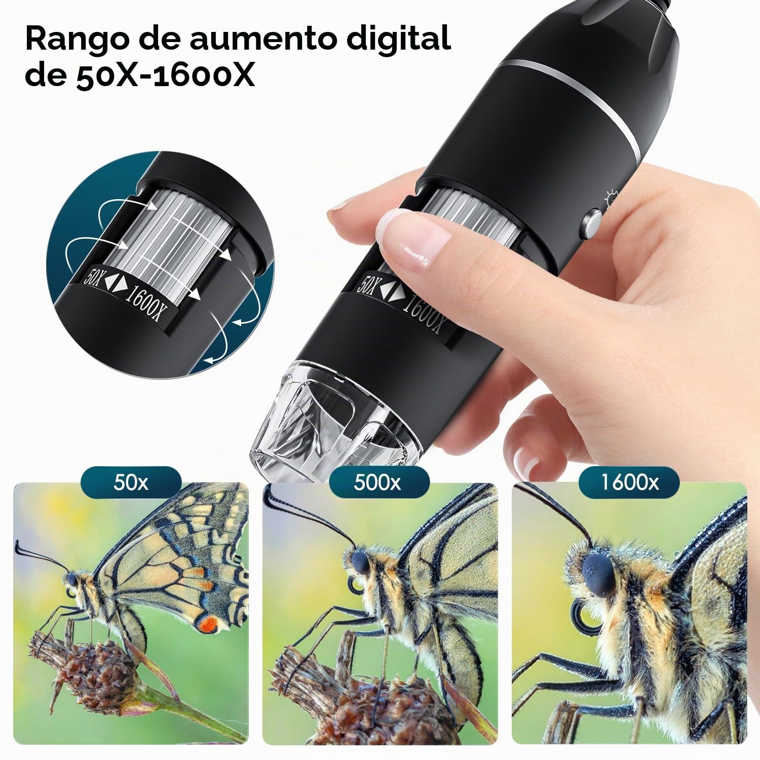 Cámara de microscopio Digital USB, cámara de inspección HD portátil SKYBASIC con Aumento de 50x a 1600x y Soporte Ajustable, 8 Luces LED, Compatible con Dispositivos iOS y Android