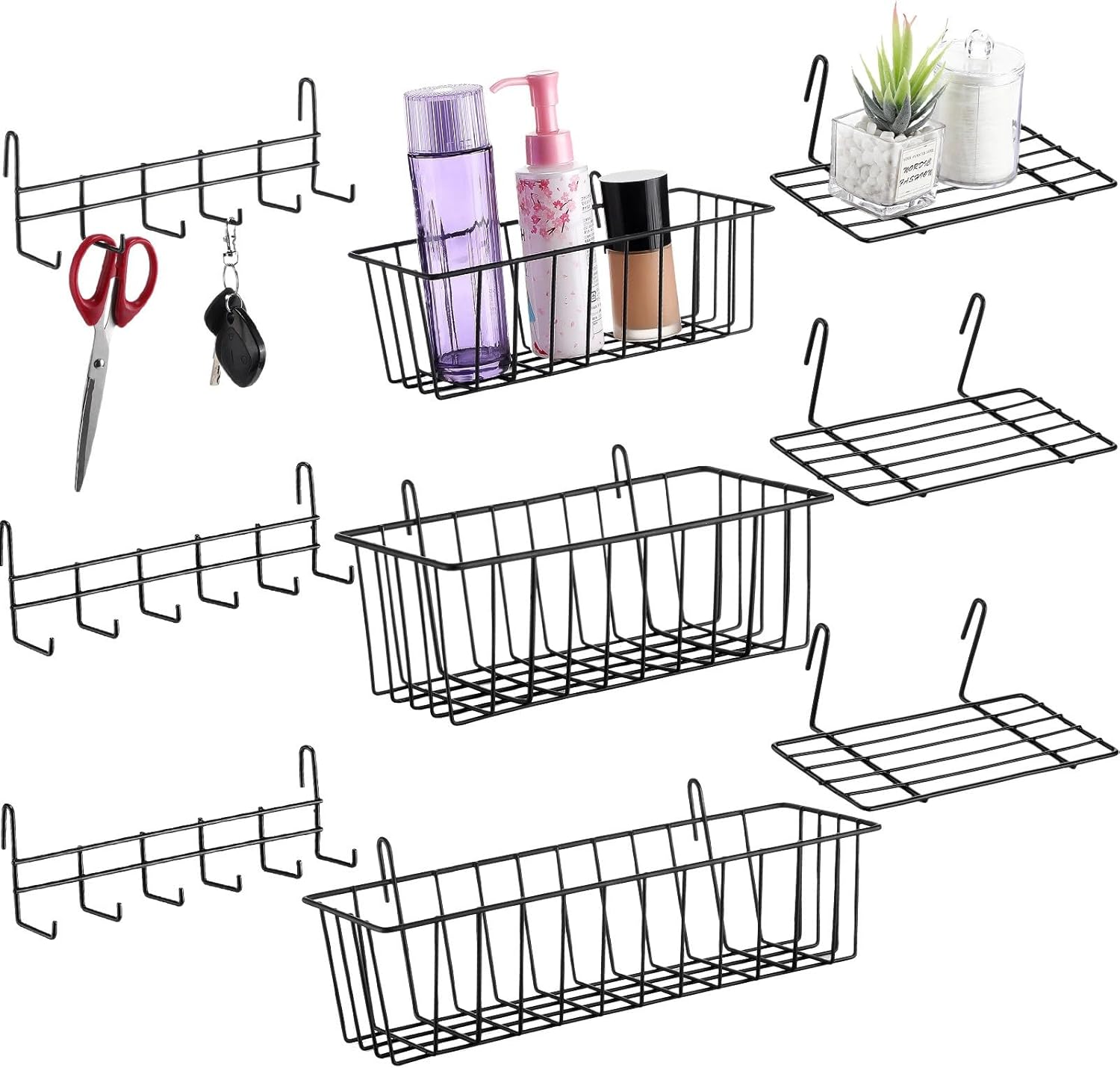 Fumete 9 Pcs Wall Grid Hanging Basket Shelf Hooks Set Includes 3 Basket 3 Wire Straight Shelf and 3 Hooks for Storage Display Organizer Grid Wall Accessories(Black)