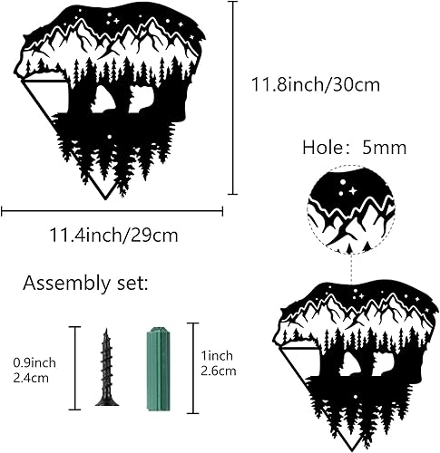 Miniatura 2 de CREATCABIN Arte de pared de metal con diseño de oso silvestre, letrero de pared negro de bosque de montaña, escultura de adorno de metal para colgar