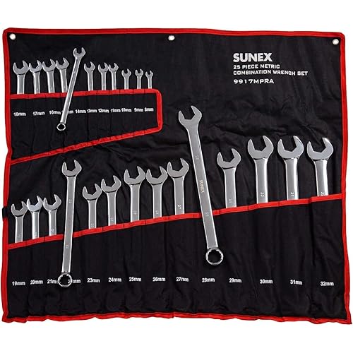 Sunex Tools 9917MPRA Metric V-Groove Combination Wrench Set, 8mm - 32mm, Fully Polished, 25-Piece (Includes Roll-Case)