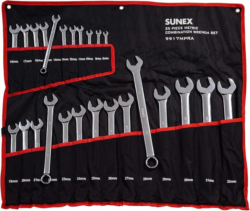 Jogo de Chaves Combinadas Métricas Sunex Tools 9917MPRA com Canal em V, 8 mm a 32 mm, Cromadas e Polidas, 25 Peças com Estojo