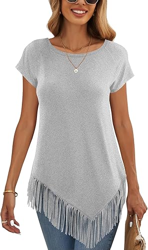 liher Camisetas de verano para mujer, manga corta, raglán, cuello redondo, dobladillo asimétrico, con flecos, túnica