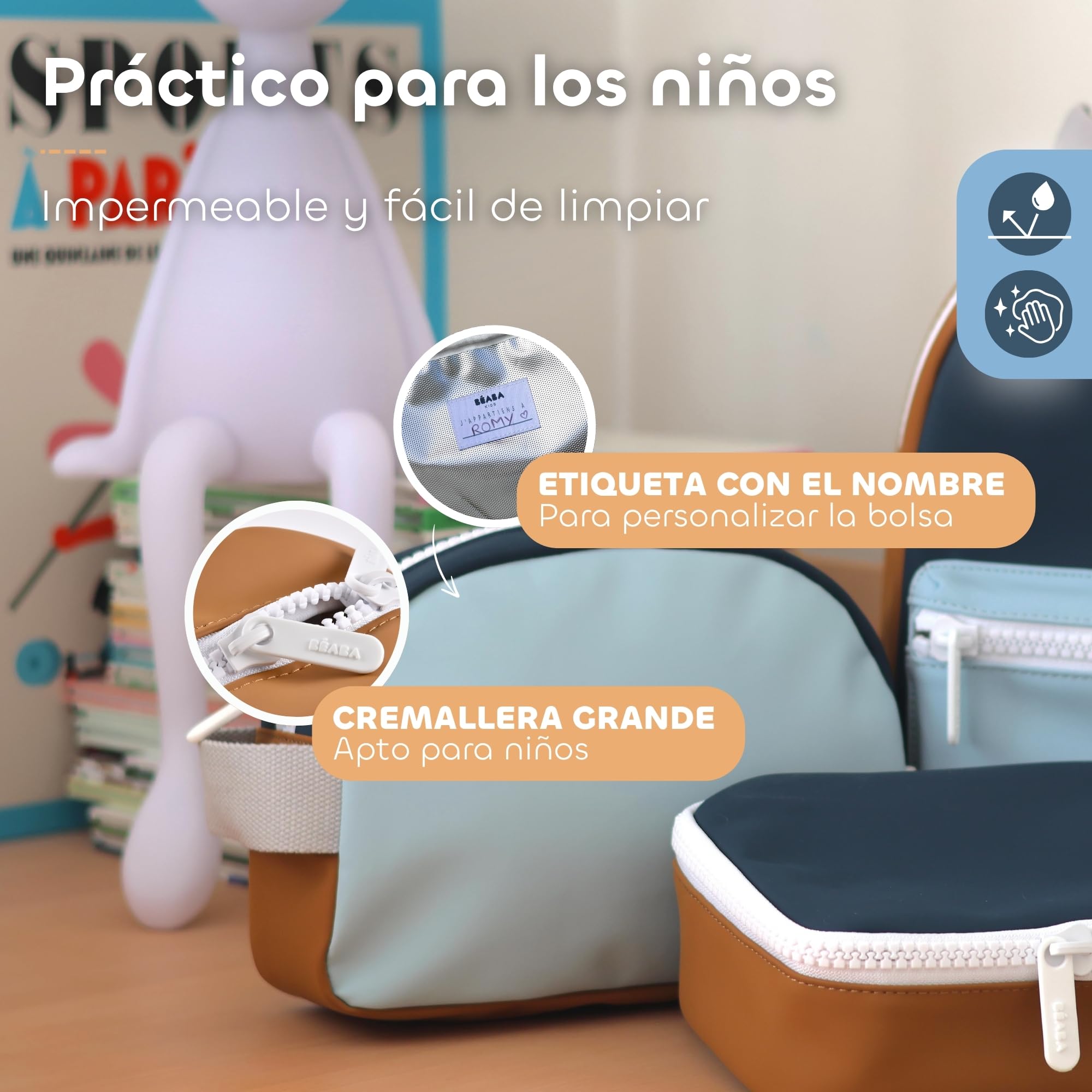 BÉABA, Neceser para bebé/niño, Impermeable, Gran capacidad 2,5L, Gran abertura con cremallera, Etiqueta para el nombre, Efecto chicle, Faro, Azul noche
