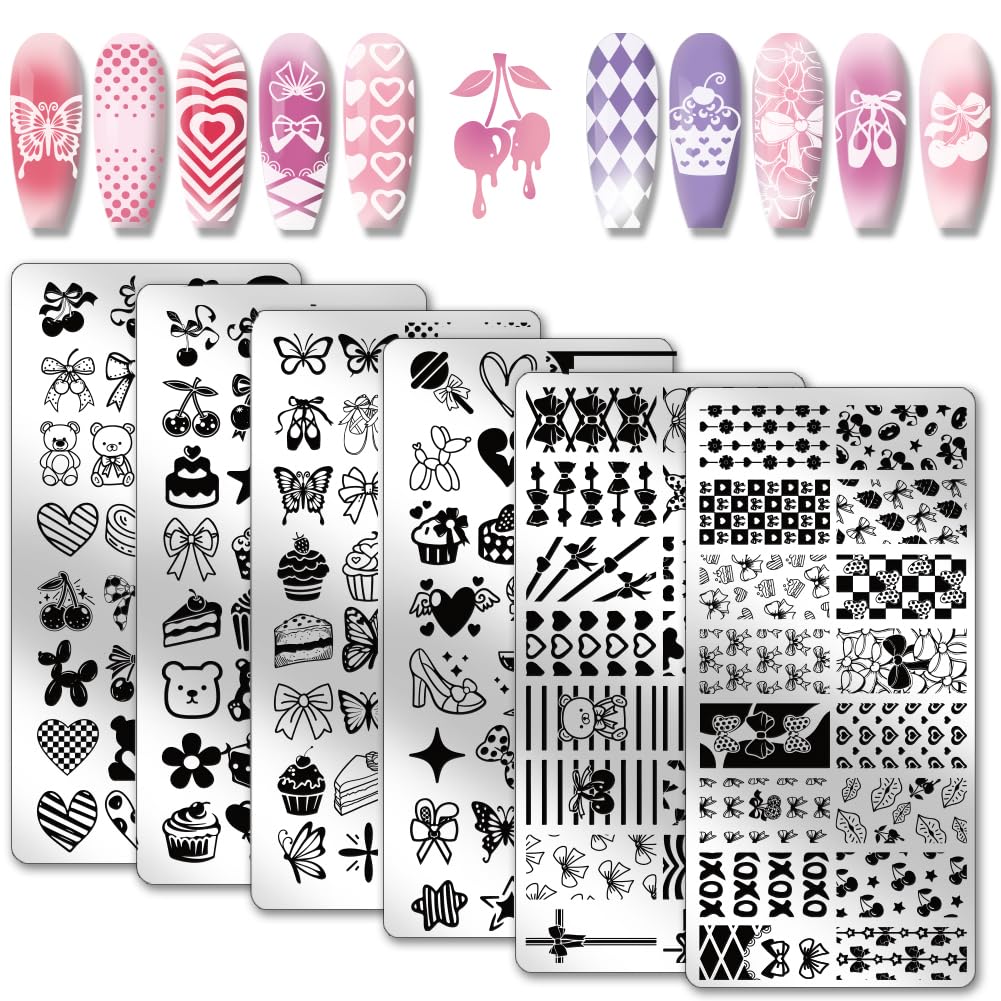 PH PandaHall 6pcs Bows Hearts Nail Stamping Plates Cute Bears Nails Art Stencils Cakes Nail Art Templates Butterfly Print Nails Stencils Cherry Nail Image Plates for Valentine's Day Manicure Salon
