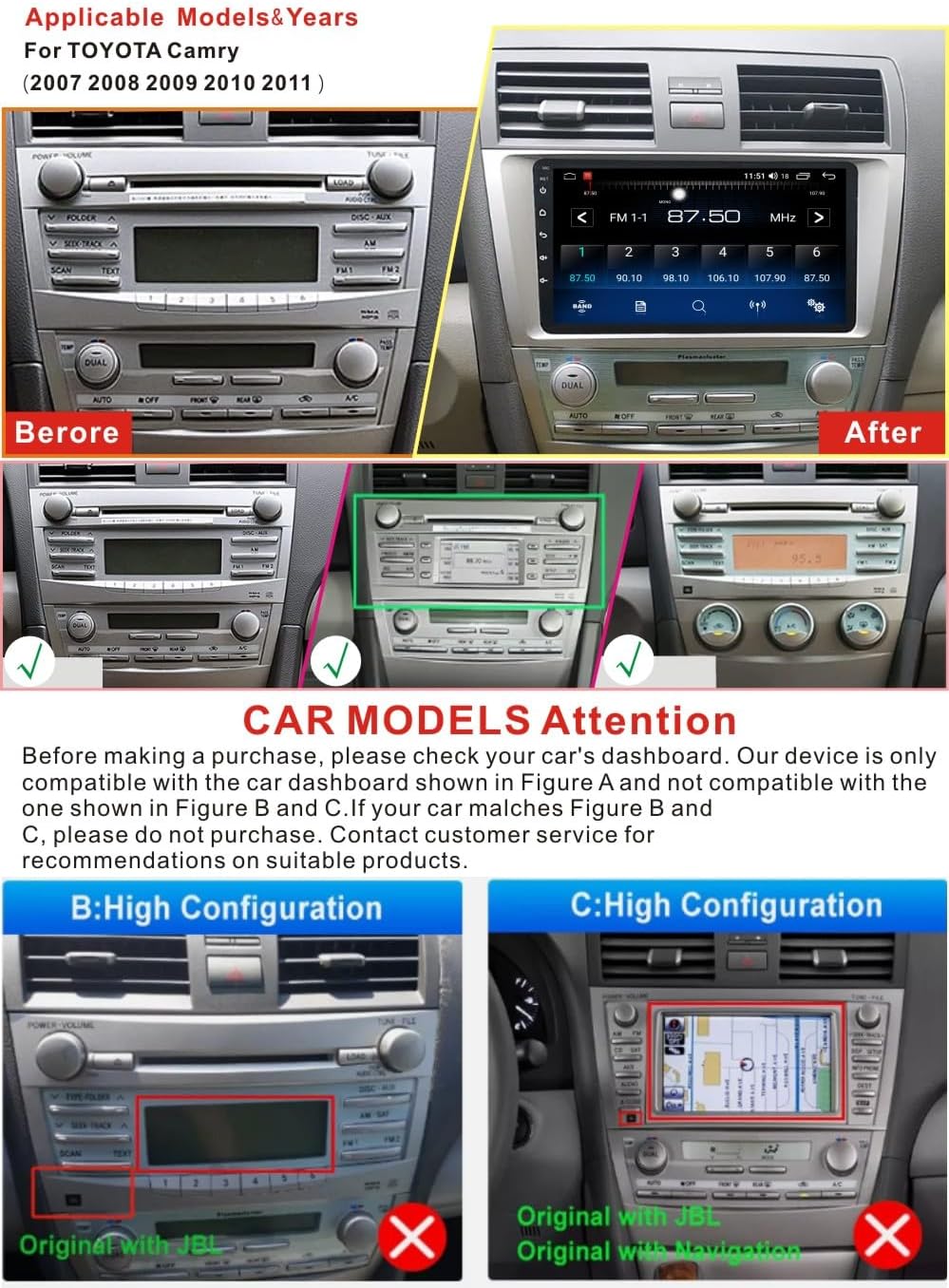 Car Radio Stereo for Toyota Camry 2006 2007 2008 2009 2010 2011 with Carplay Android Auto, 9 Inch HD Touch Screen MP5 Player AM/FM/RDS Mirror Link Bluetooth SWC + Rear View Camera